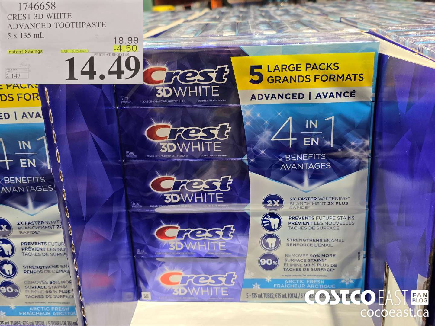 1746658 CREST 3D WHITE ADVANCED TOOTHPASTE 5 X 135 ML ($4.50 INSTANT SAVINGS EXPIRES ON 2025-04-13) $14.49