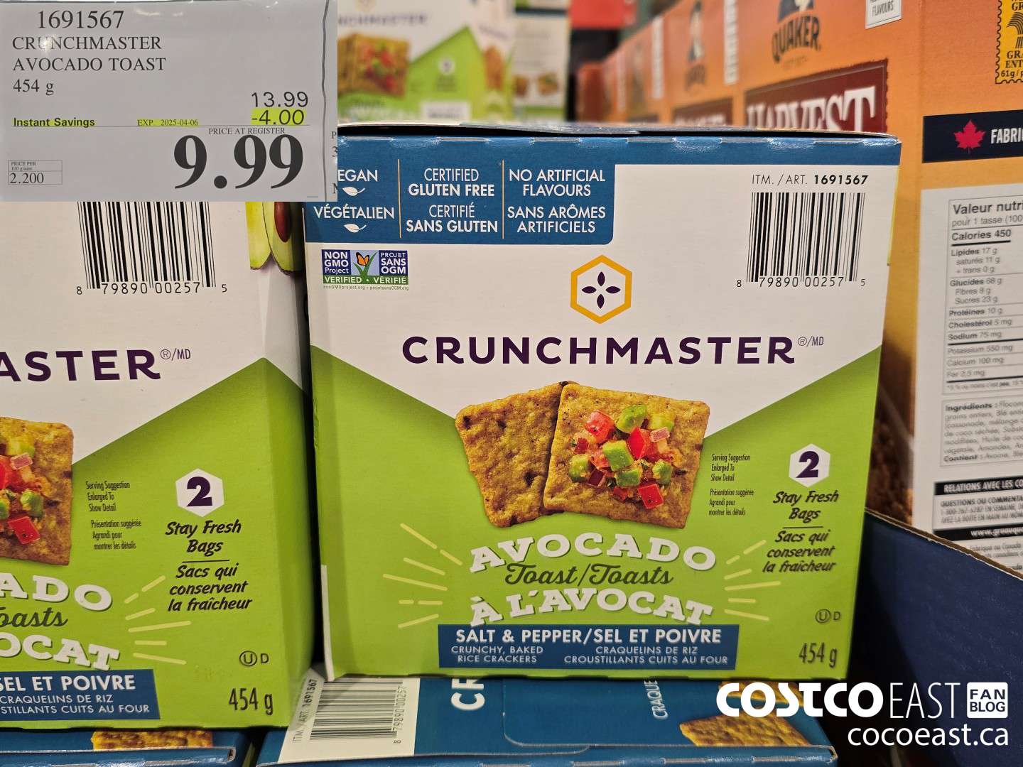 1691567 CRUNCHMASTER AVOCADO TOAST 454 G ($4.00 INSTANT SAVINGS EXPIRES ON 2025-04-06) $9.99