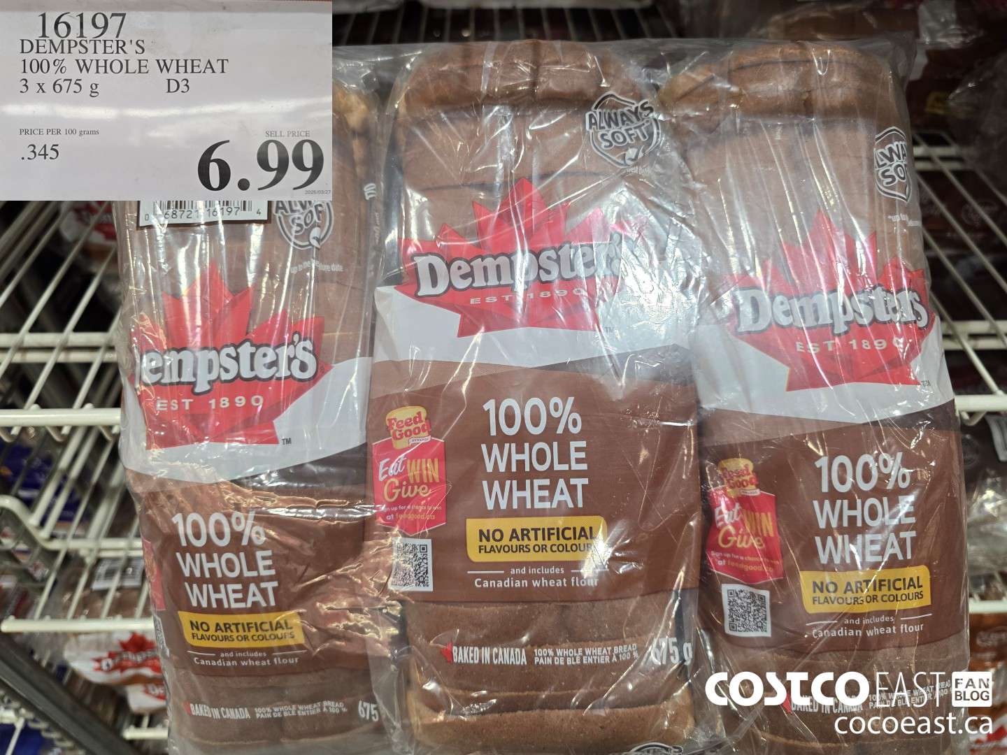 16197 DEMPSTER'S 100% WHOLE WHEAT 3 X 675 G $6.99