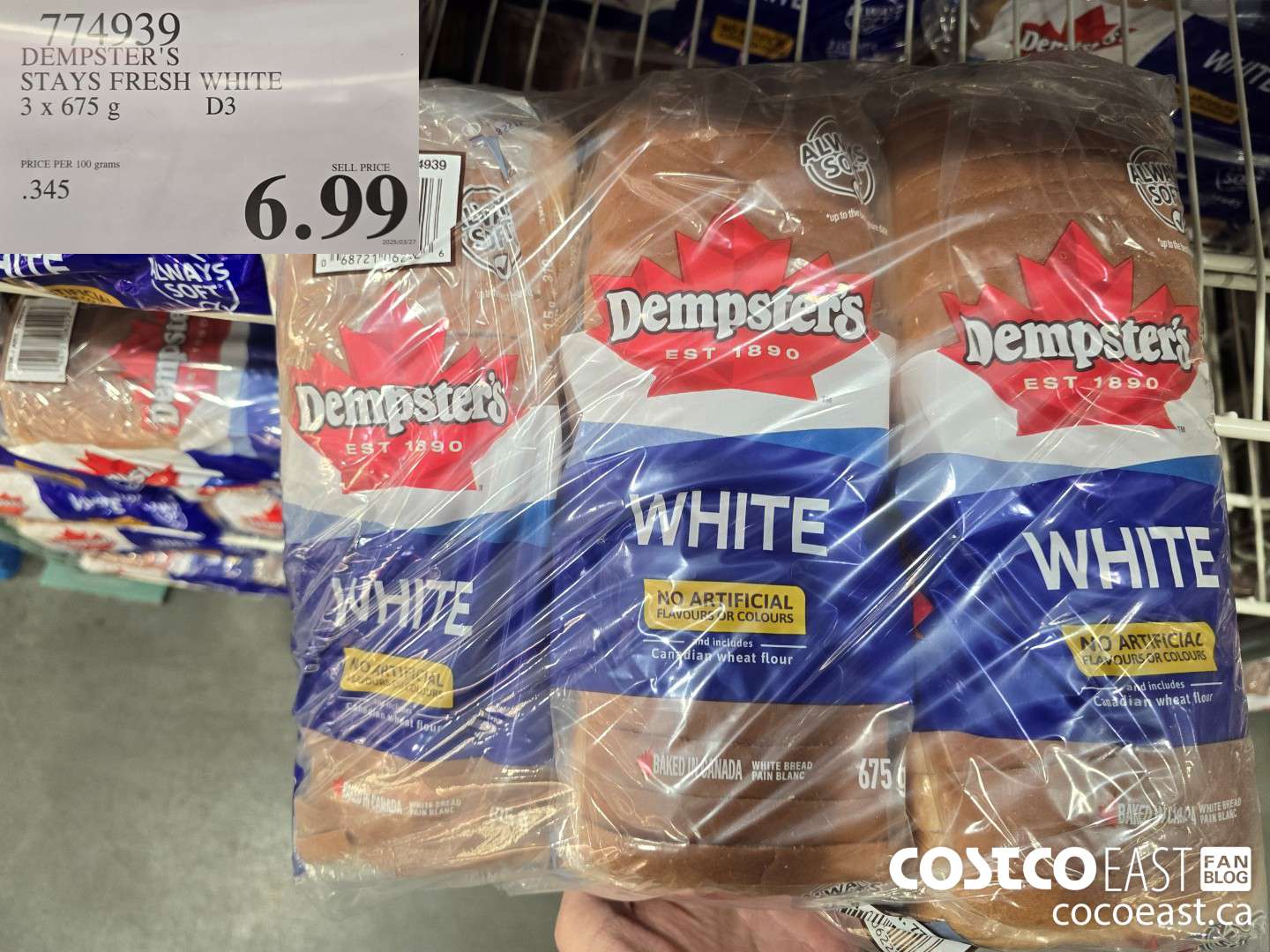 774939 DEMPSTER'S STAYS FRESH WHITE 3 x 675 g $6.99