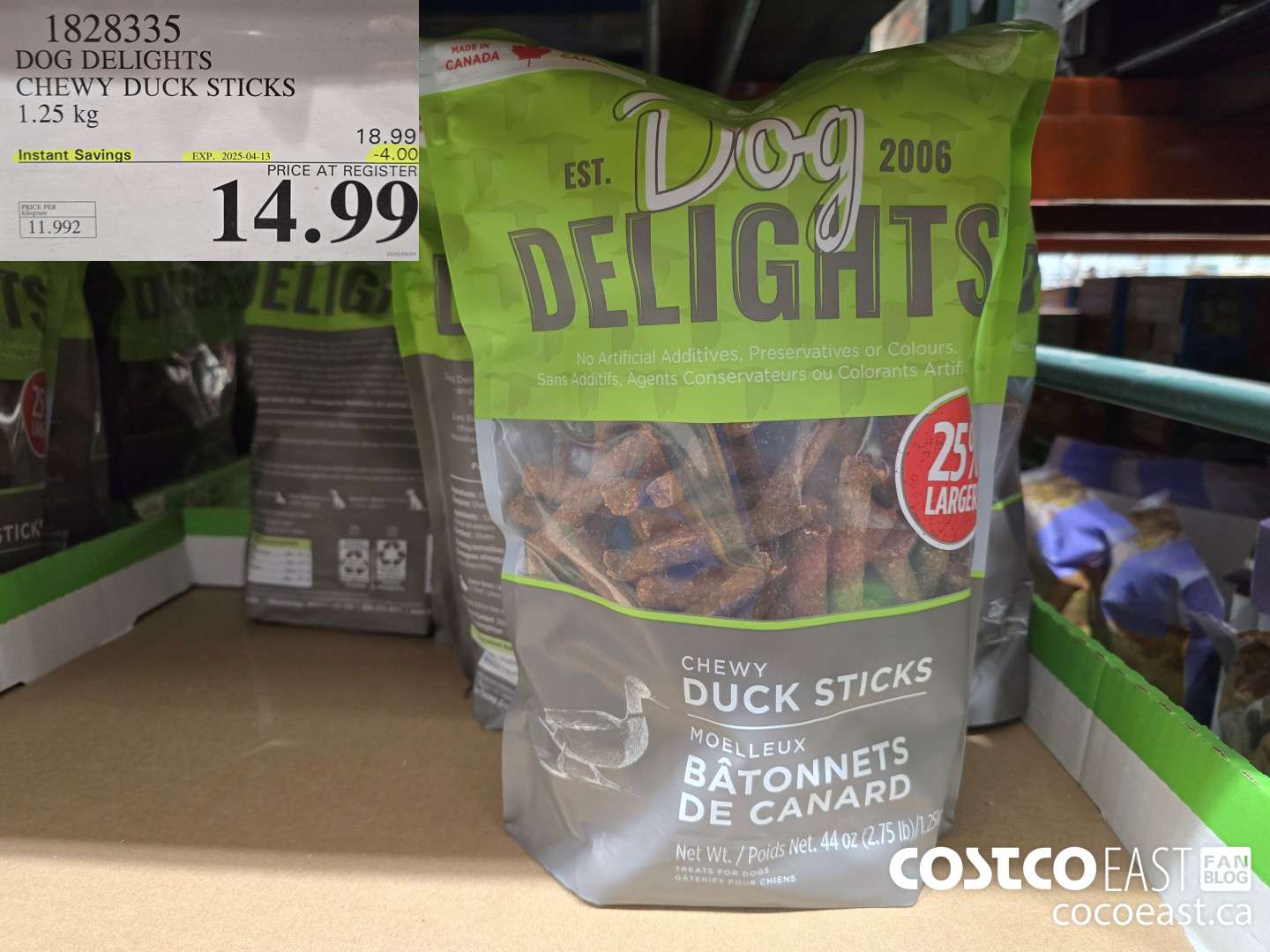1828335 DOG DELIGHTS CHEWY DUCK STICKS 1.25 KG ($4.00 INSTANT SAVINGS EXPIRES ON 2025-04-13) $14.99