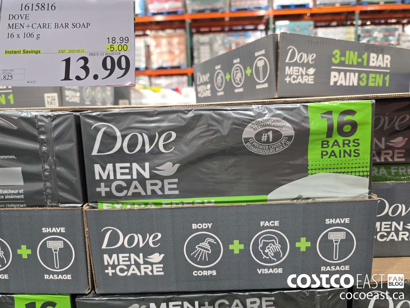 1615816 DOVE MEN + CARE BAR SOAP 16 x 106 g ($5.00 INSTANT SAVINGS EXPIRES ON 2025-05-11) $13.99