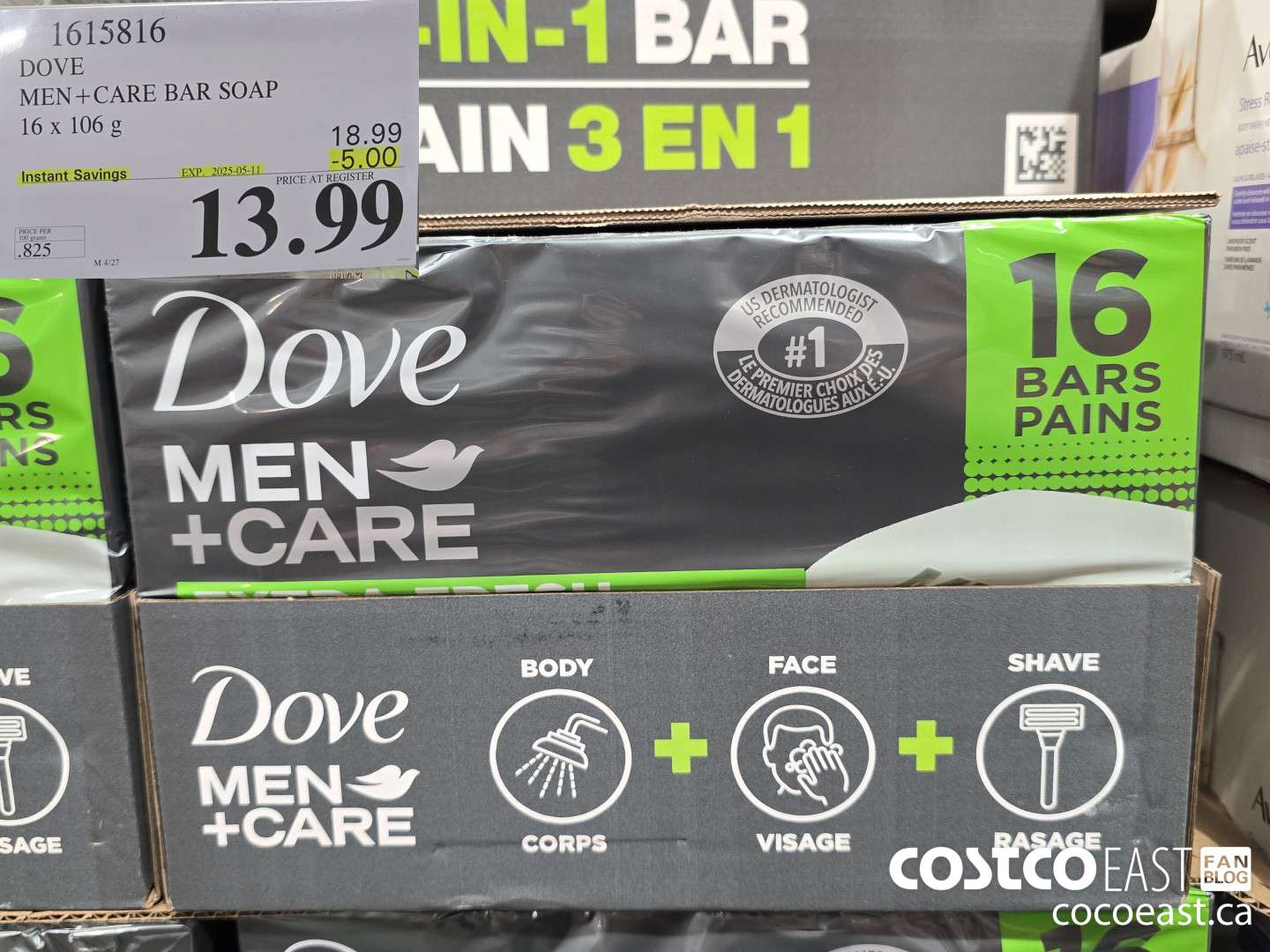 1615816 DOVE MEN + CARE BAR SOAP 16 x 106 g ($5.00 INSTANT SAVINGS EXPIRES ON 2025-05-11) $13.99