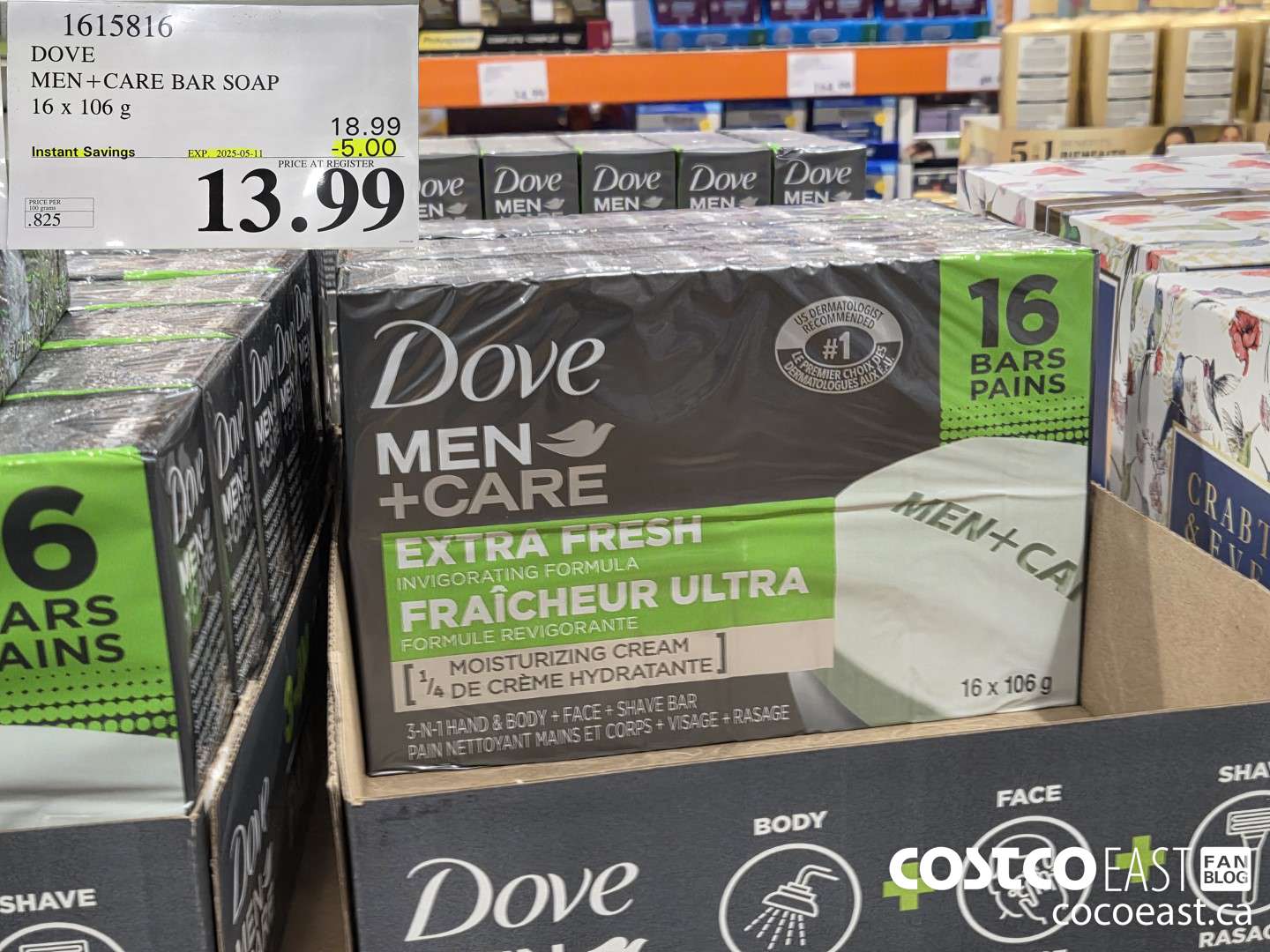 1615816 DOVE MEN + CARE BAR SOAP 16 x 106 g ($5.00 INSTANT SAVINGS EXPIRES ON 2025-05-11) $13.99