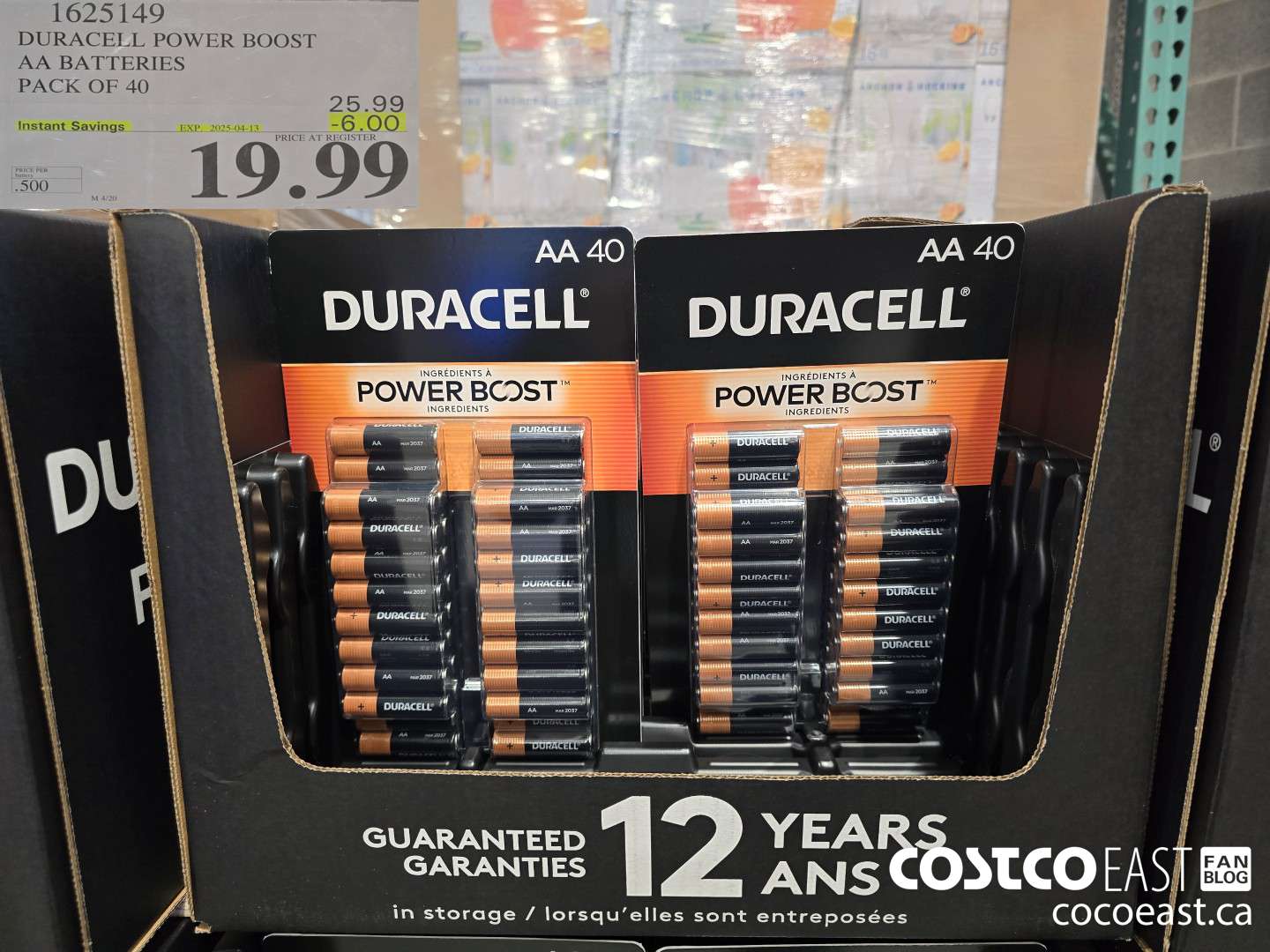 1625149 DURACELL POWER BOOST AA BATTERIES PACK OF 40 ($6.00 INSTANT SAVINGS EXPIRES ON 2025-04-13) $19.99