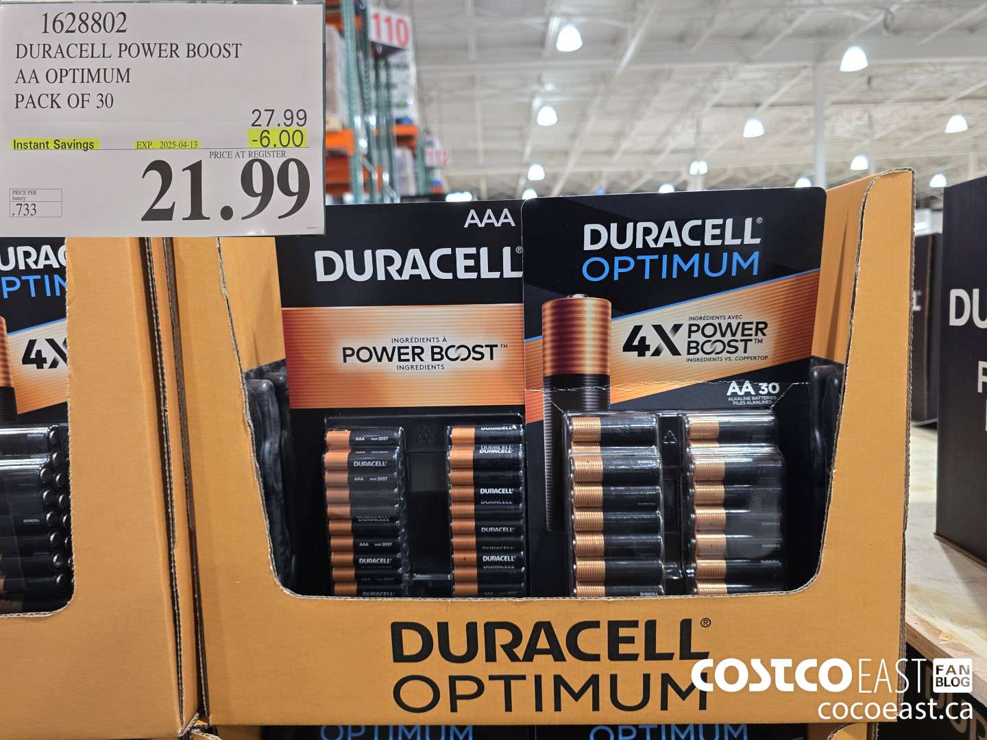 1628802 DURACELL POWER BOOST AA OPTIMUM PACK OF 30 ($6.00 INSTANT SAVINGS EXPIRES ON 2025-04-13) $21.99