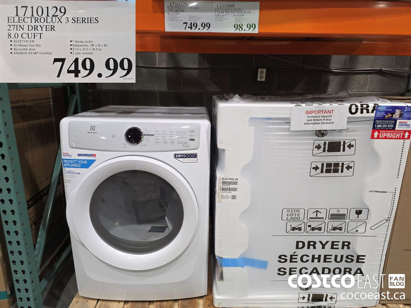 1710129 ELECTROLUX 3 SERIES 27 IN DRYER 8.0 CUFT $749.99