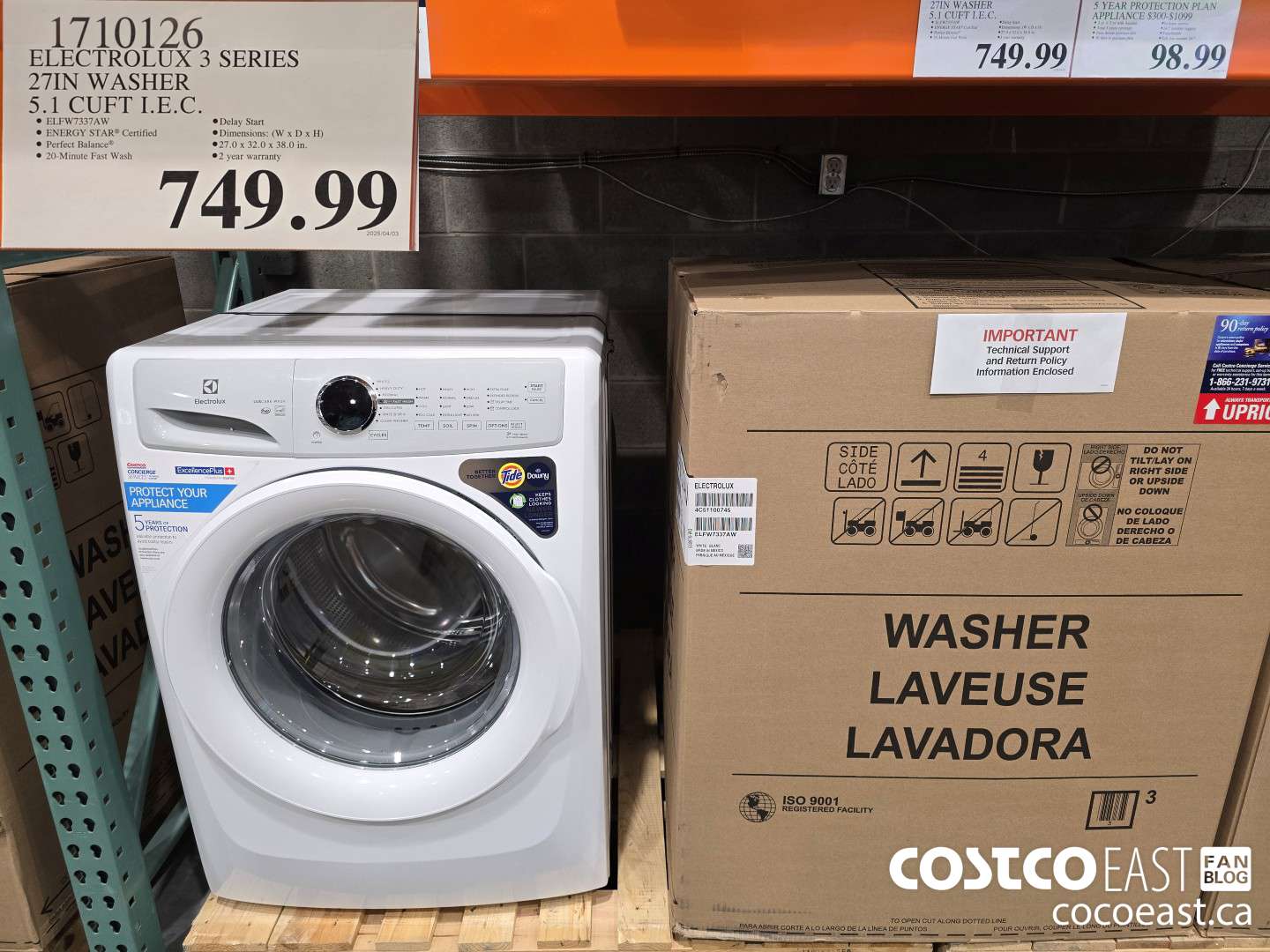 1710126 ELECTROLUX 3 SERIES 27 IN WASHER 5.1 CUFT I.E.C. $749.99