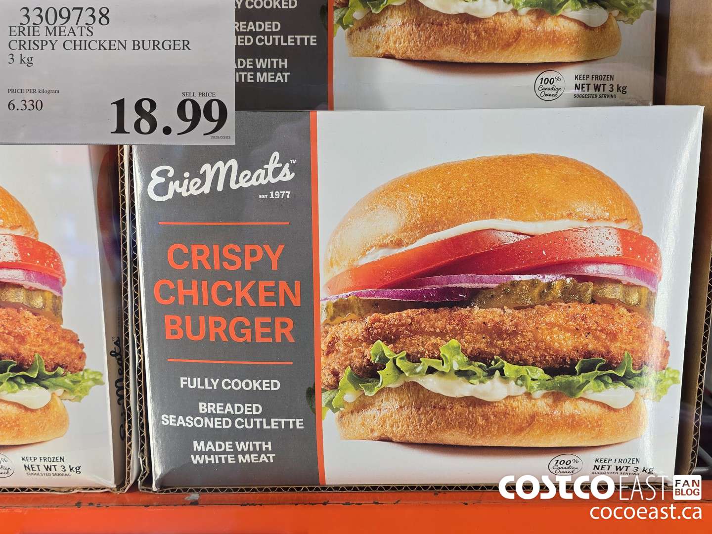 3309738 ERIE MEATS CRISPY CHICKEN BURGER 3 kg $18.99