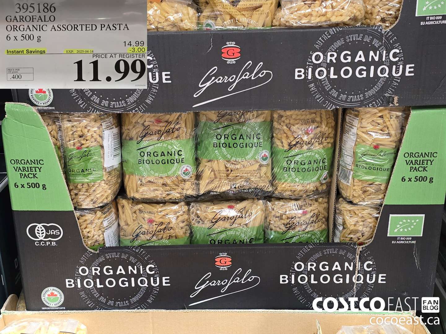 395186 GAROFALO ORGANIC ASSORTED PASTA 6 X 500 G ($3.00 INSTANT SAVINGS EXPIRES ON 2025-04-14) $11.99