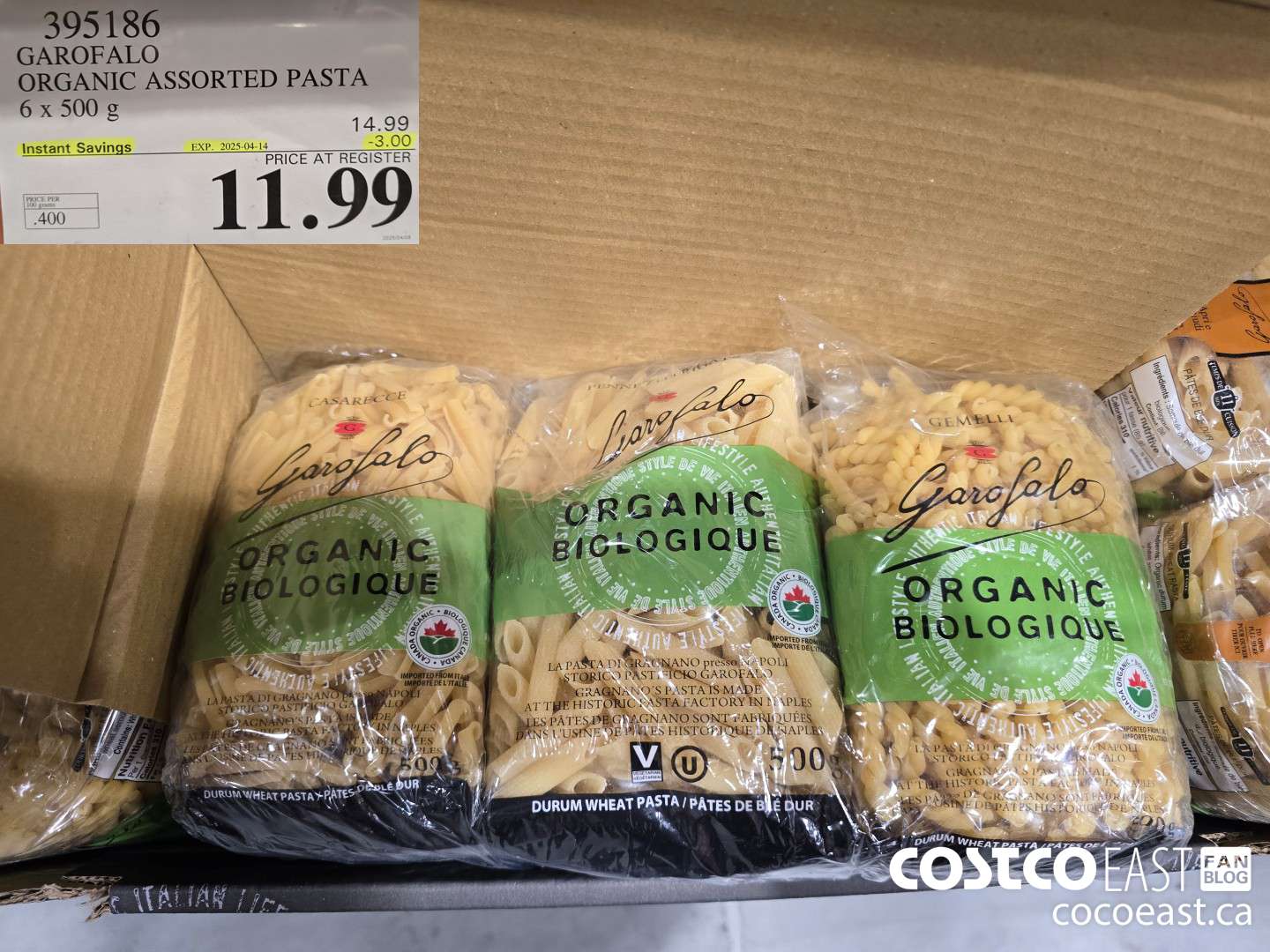 395186 GAROFALO ORGANIC ASSORTED PASTA 6 X 500 G ($3.00 INSTANT SAVINGS EXPIRES ON 2025-04-14) $11.99