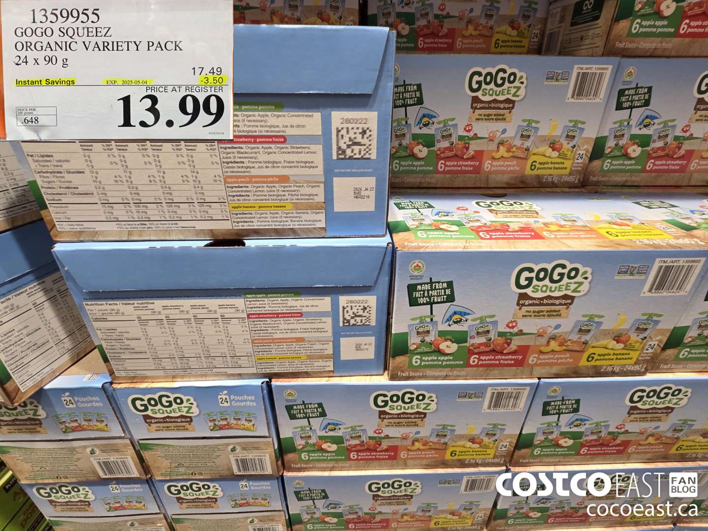 1359955 GOGO SQUEEZ ORGANIC VARIETY PACK 24 x 90 g ($3.50 INSTANT SAVINGS EXPIRES ON 2025-05-04) $13.99
