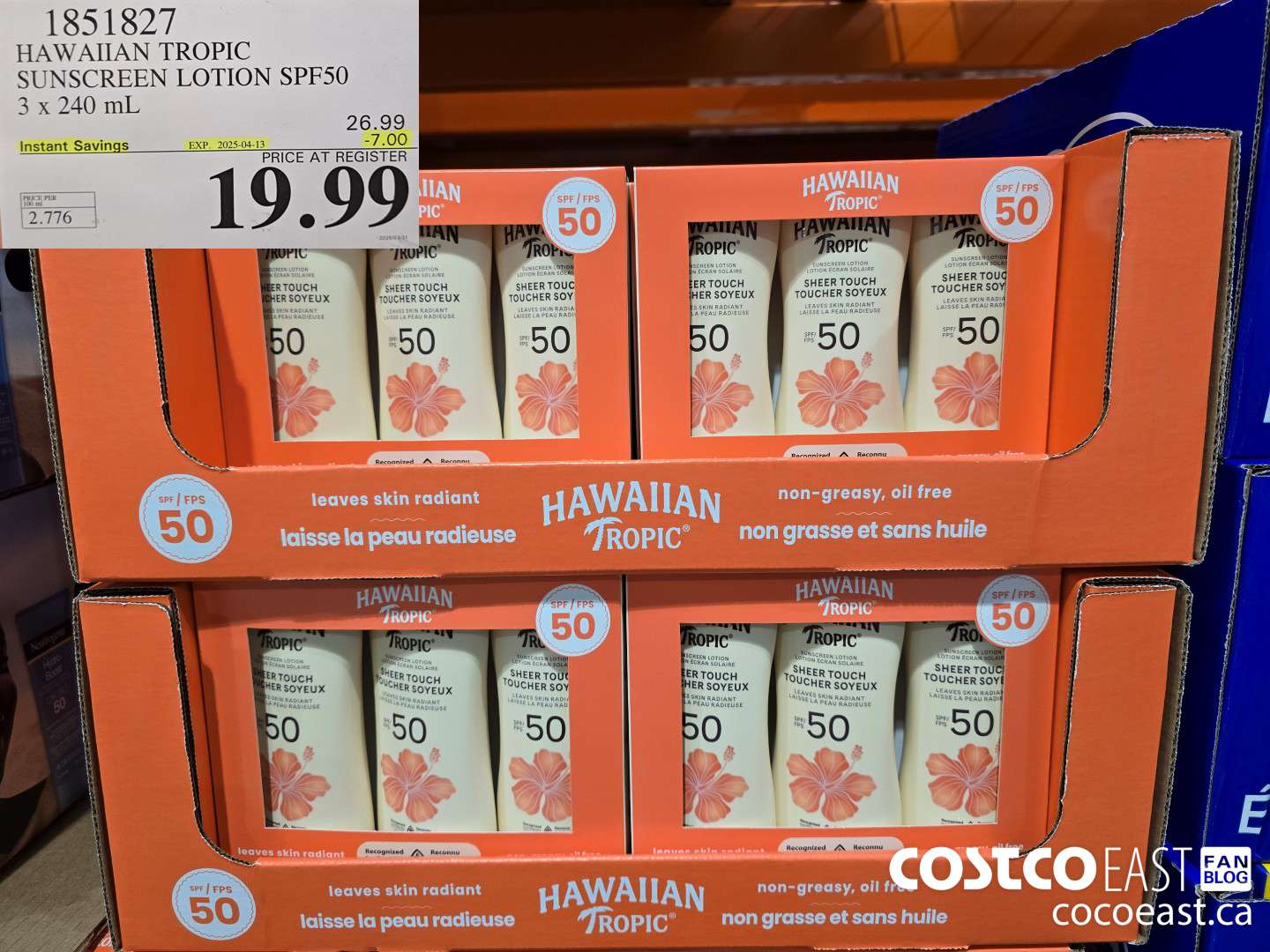 1851827 HAWAIIAN TROPIC SUNSCREEN LOTION SPF50 3 X 240 ML ($7.00 INSTANT SAVINGS EXPIRES ON 2025-04-13) $19.99