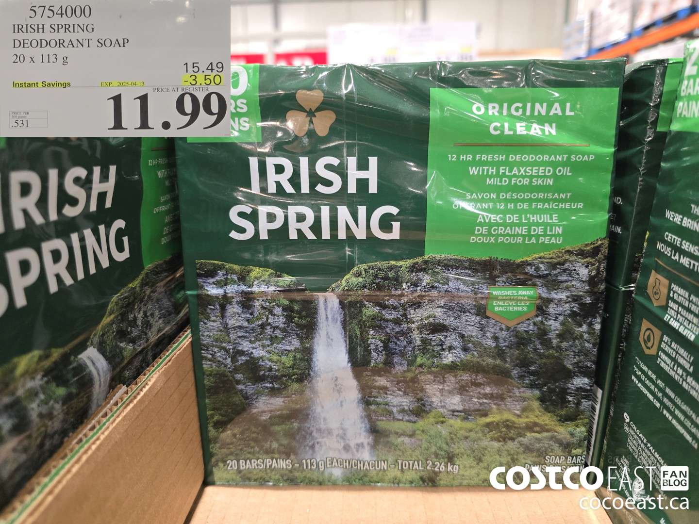 5754000 IRISH SPRING DEODORANT SOAP 20 X 113 G ($3.50 INSTANT SAVINGS EXPIRES ON 2025-04-13) $11.99