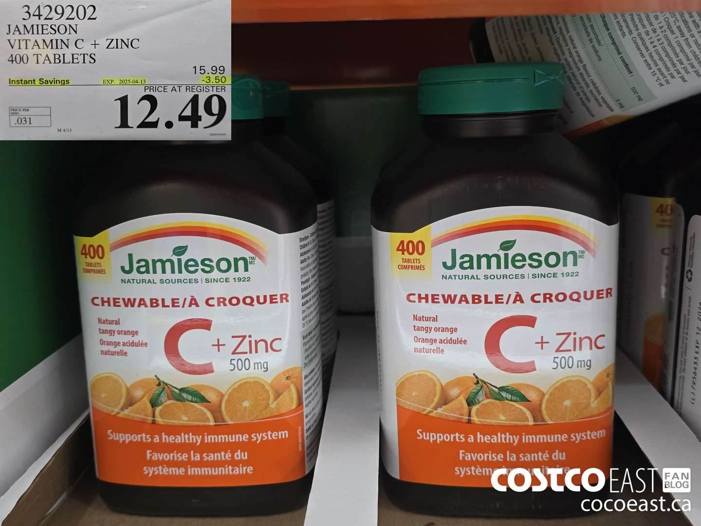 3429202 JAMIESON VITAMIN C+ZINC 500MG 400 TABLET ($3.50 INSTANT SAVINGS EXPIRES ON 2025-04-13) $12.49