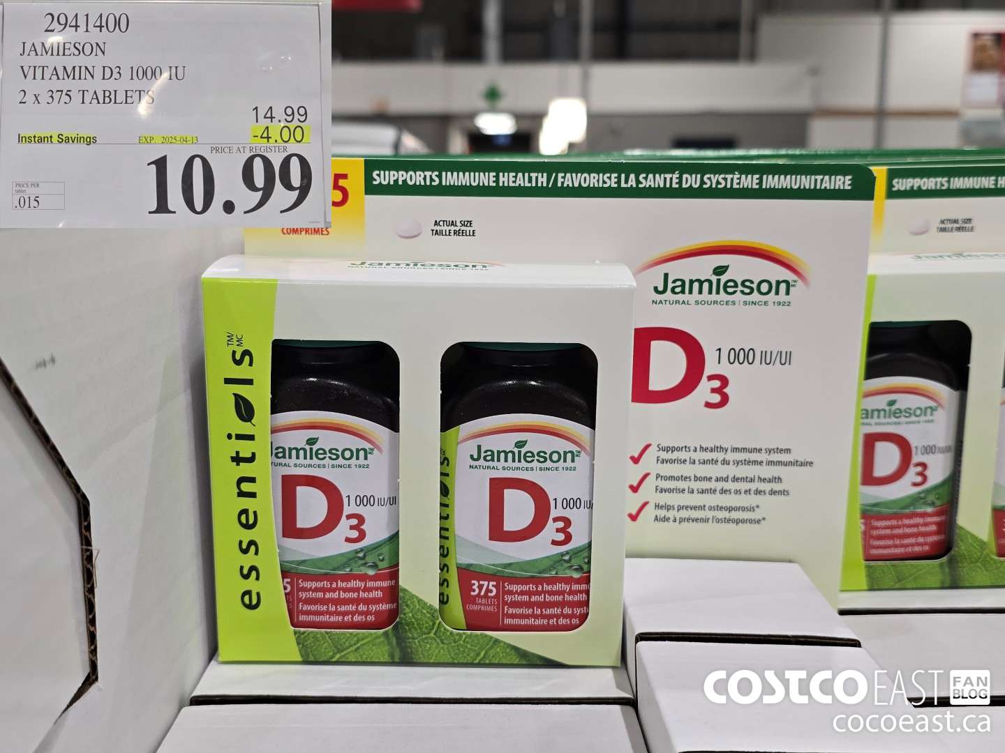 2941400 JAMIESON VITAMIN D3 1000 IU 2 X 375 TABLETS ($4.00 INSTANT SAVINGS EXPIRES ON 2025-04-13) $10.99