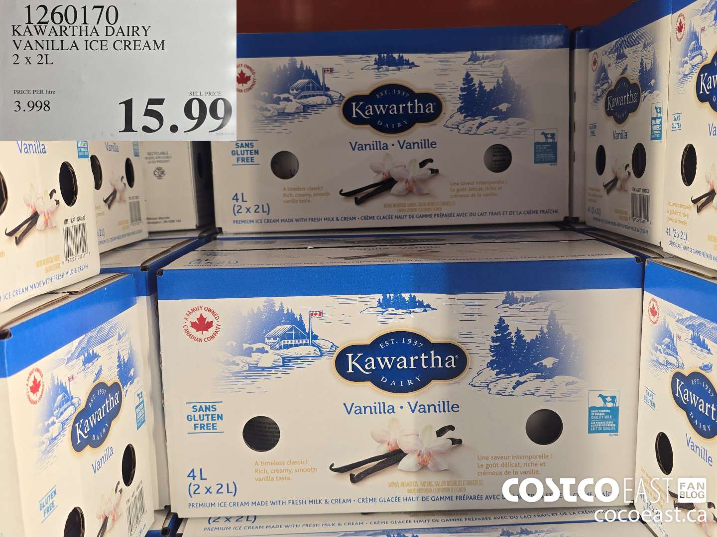 1260170 KAWARTHA DAIRY VANILLA ICE CREAM 2 X 2L $15.99
