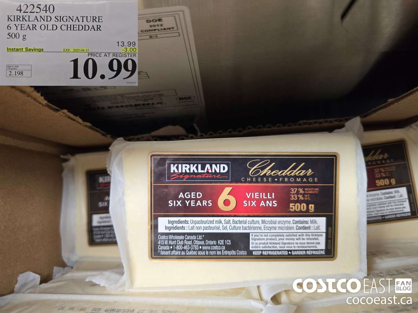 422540 KIRKLAND SIGNATURE 6 YEAR OLD CHEDDAR 500 g ($3.00 INSTANT SAVINGS EXPIRES ON 2025-04-13) $10.99
