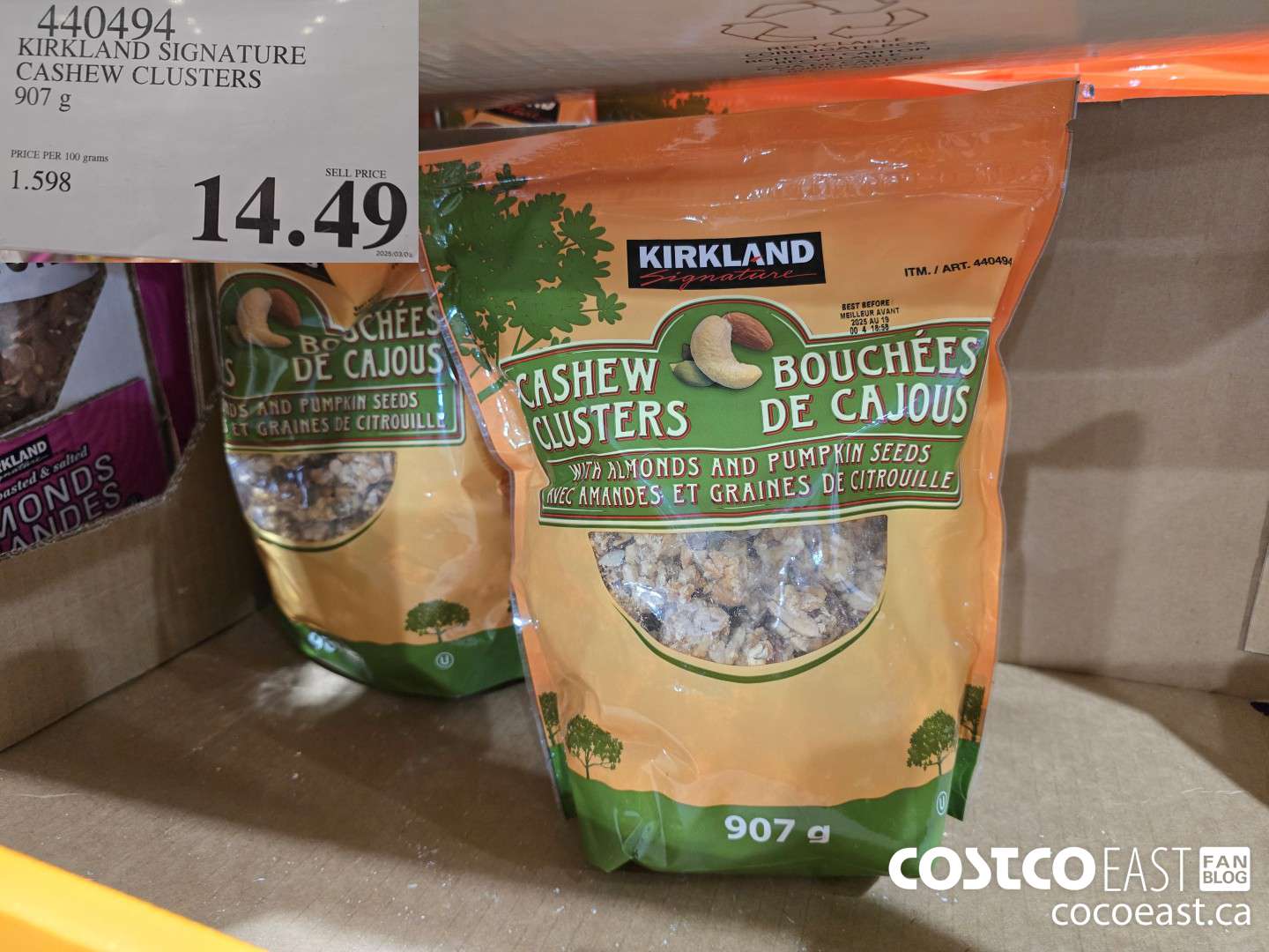 440494 KIRKLAND SIGNATURE CASHEW CLUSTERS 907 G $14.49