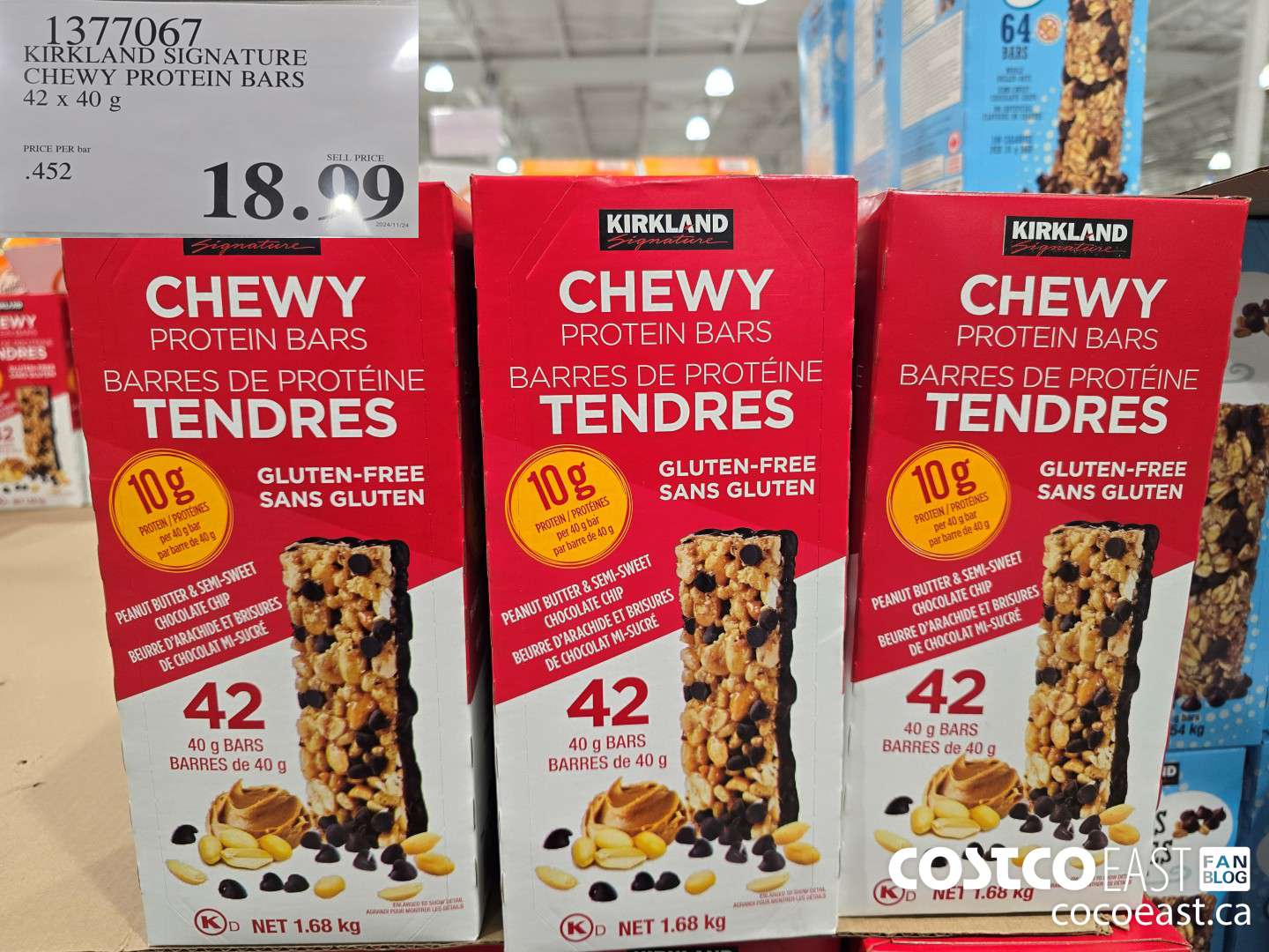 1377067 KIRKLAND SIGNATURE CHEWY PROTEIN BARS 42 X 40 G $18.99