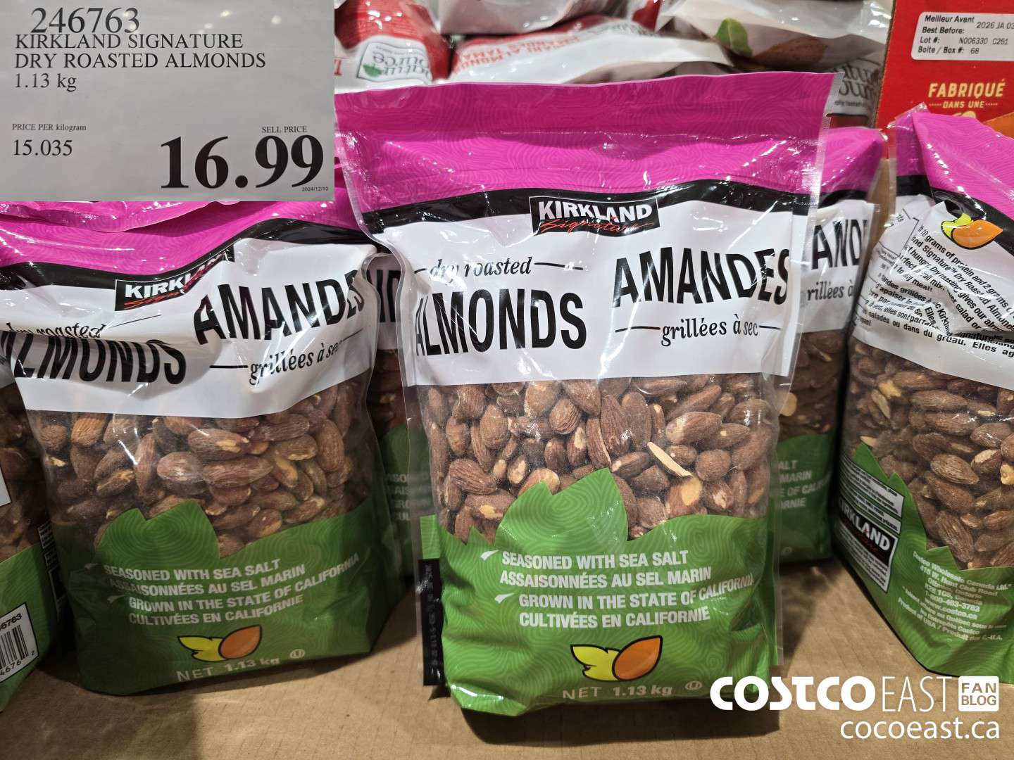 246763 KIRKLAND SIGNATURE DRY ROASTED ALMONDS 1.13 KG $16.99