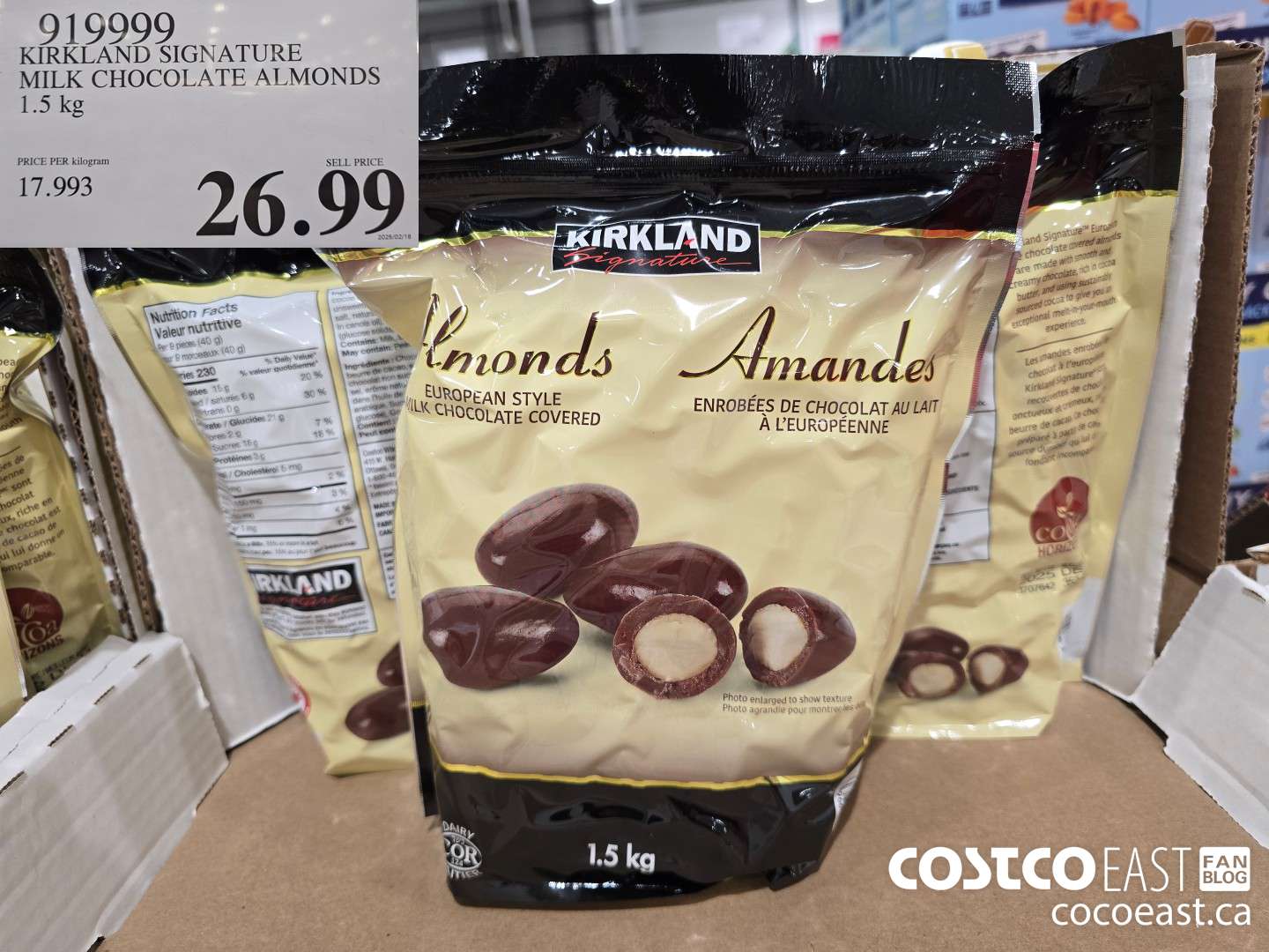 919999 KIRKLAND SIGNATURE MILK CHOCOLATE ALMONDS 1.5 KG $26.99