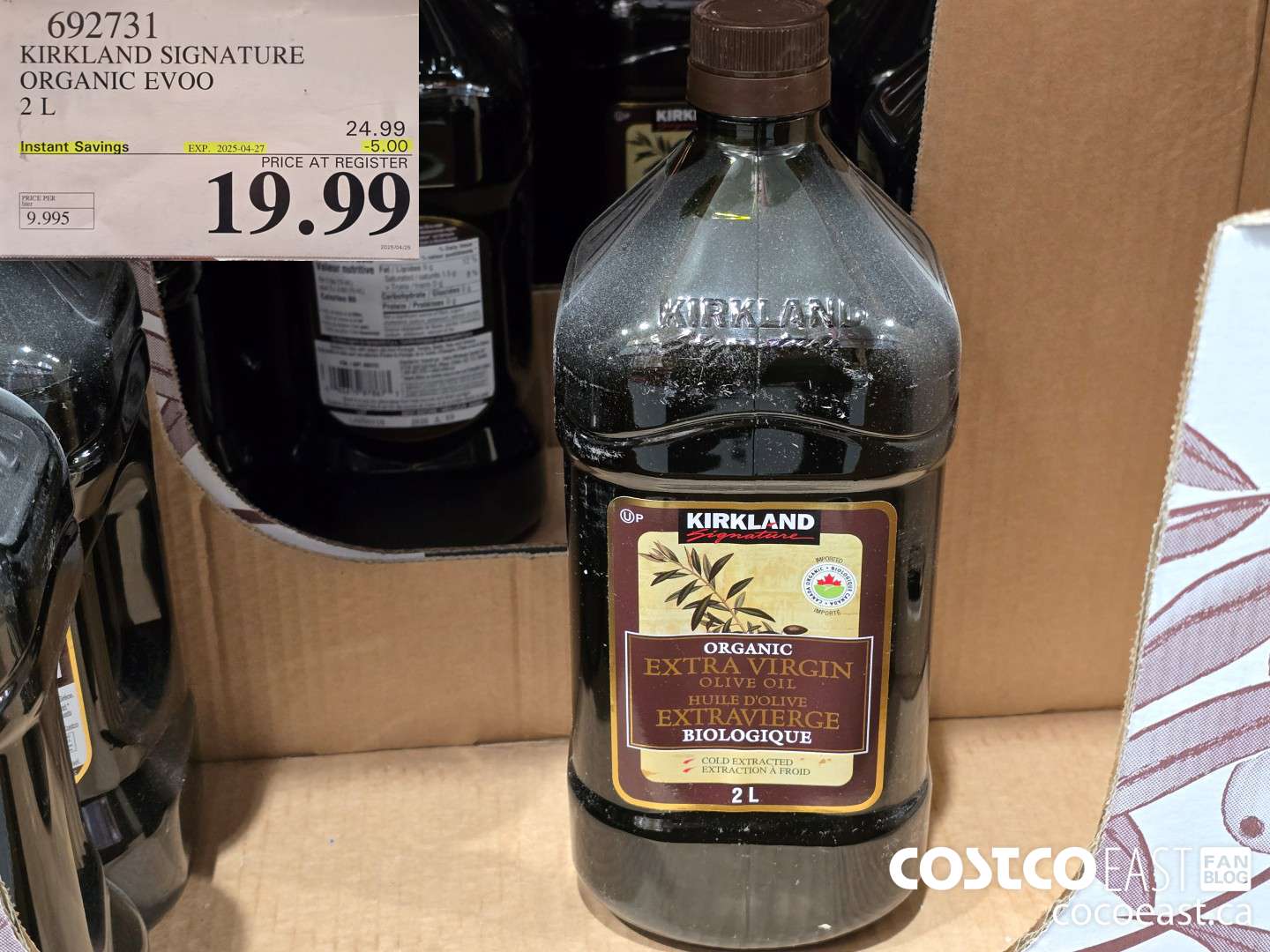 692731 KIRKLAND SIGNATURE ORGANIC EVOO 2 L ($5.00 INSTANT SAVINGS EXPIRES ON 2025-04-27) $19.99