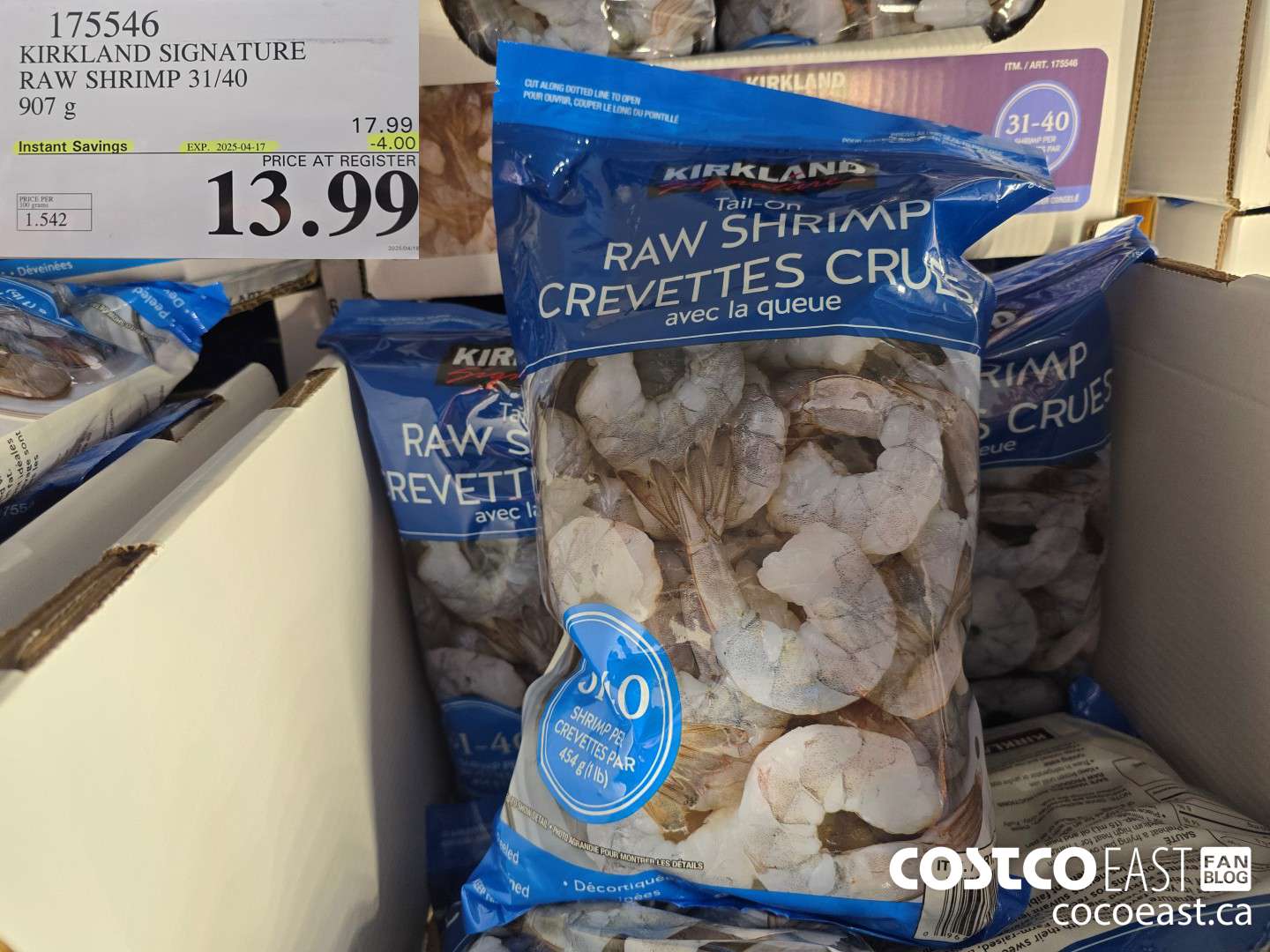 175546 KIRKLAND SIGNATURE RAW SHRIMP 31/40 907 g ($4.00 INSTANT SAVINGS EXPIRES ON 2025-04-17) $13.99