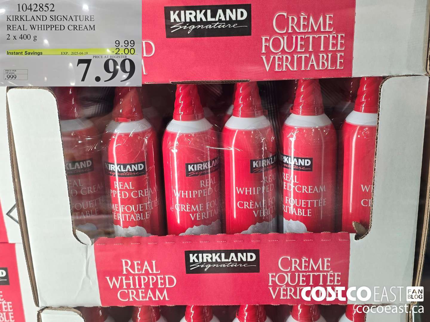 1042852 KIRKLAND SIGNATURE REAL WHIPPED CREAM 2 X 400 g ($2.00 INSTANT SAVINGS EXPIRES ON 2025-04-19) $7.99