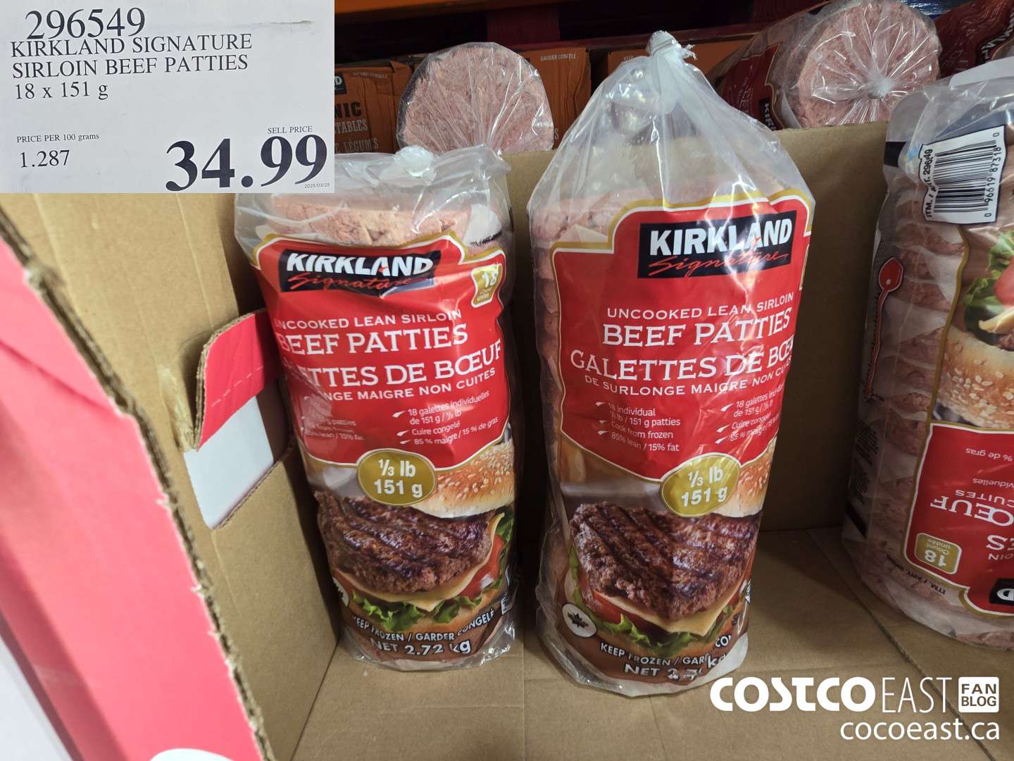 296549 KIRKLAND SIGNATURE SIRLOIN BEEF PATTIES 18 x 151 G $34.99