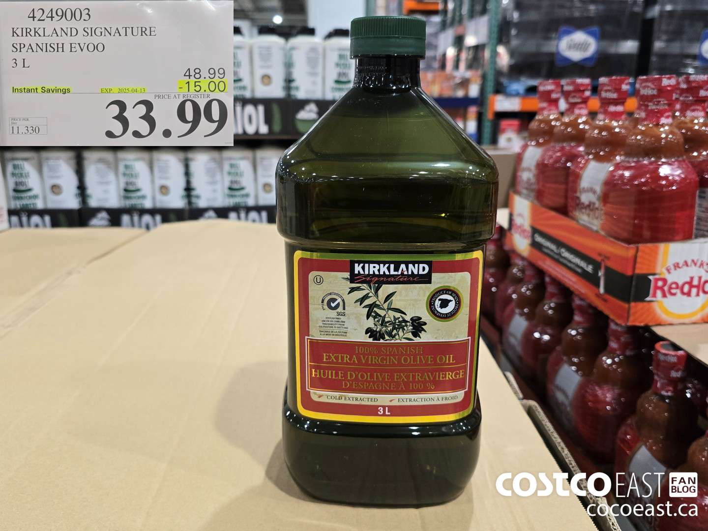 4249003 KIRKLAND SIGNATURE SPANISH EVOO 3 L ($15.00 INSTANT SAVINGS EXPIRES ON 2025-04-13) $33.99