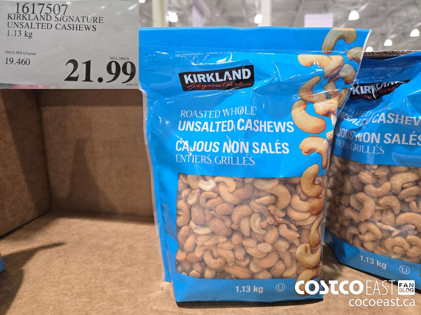 1617507 KIRKLAND SIGNATURE UNSALTED CASHEWS 1.13 KG $21.99