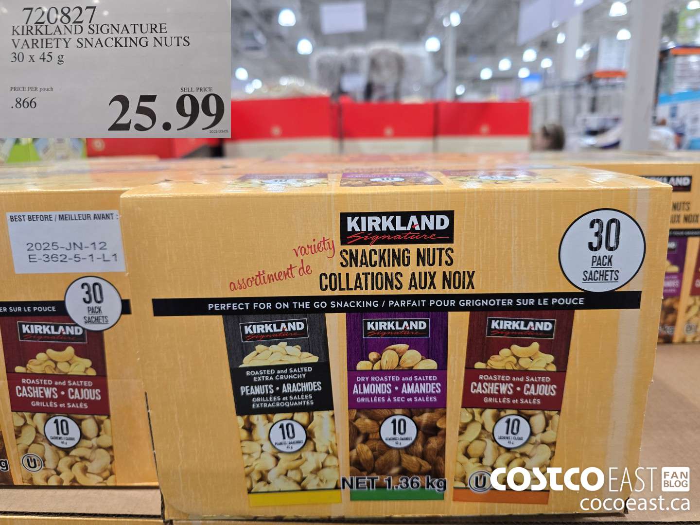 720827 KIRKLAND SIGNATURE VARIETY SNACKING NUTS 30 x 45 G $25.99