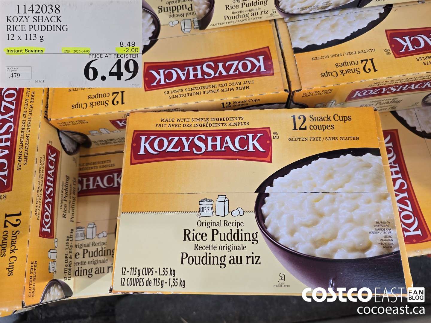 1142038 KOZY SHACK RICE PUDDING 12 x 113G ($2.00 INSTANT SAVINGS EXPIRES ON 2025-04-06) $6.49