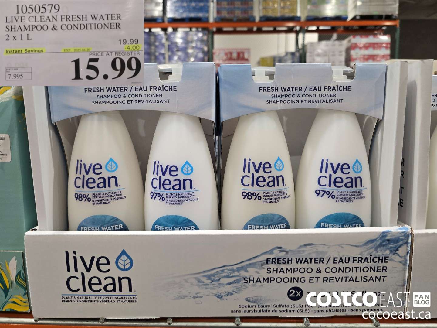 1050579 LIVE CLEAN FRESH WATER SHAMPOO & CONDITIONER 2 X 1L ($4.00 INSTANT SAVINGS EXPIRES ON 2025-04-20) $15.99
