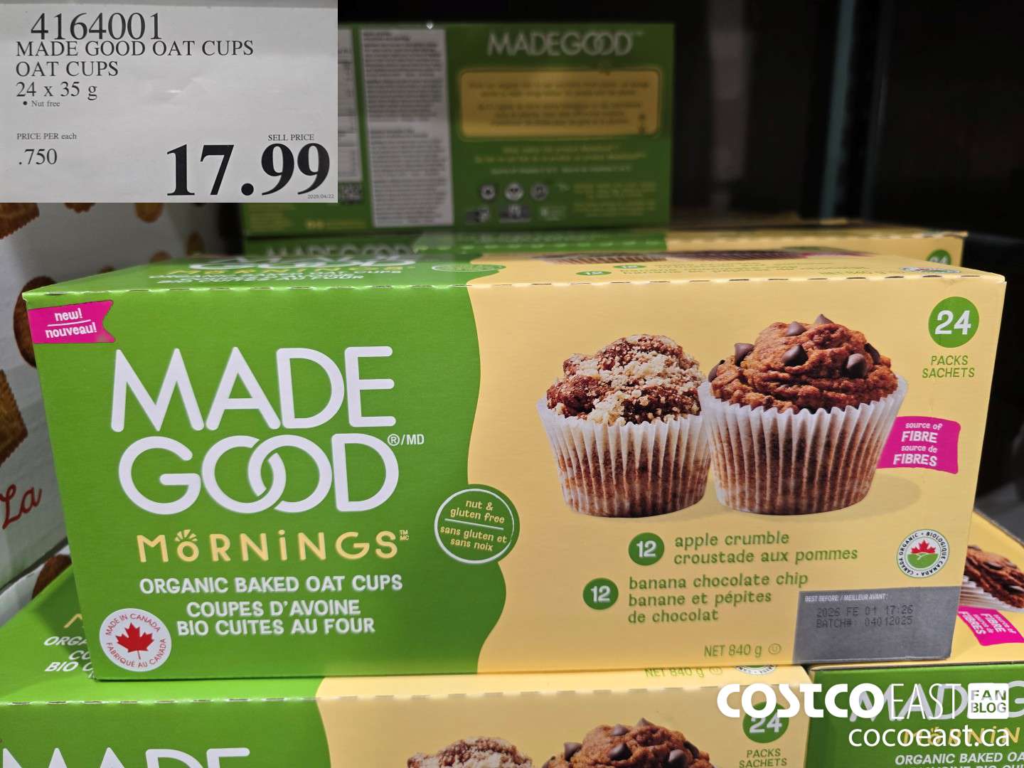 4164001 MADE GOOD OAT CUPS OAT CUPS 24 X 35 G $17.99