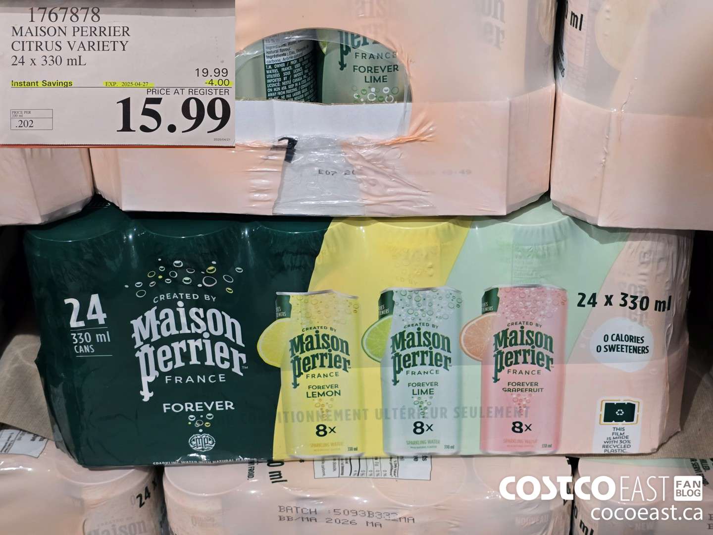 1767878 MAISON PERRIER CITRIS VARIETY 24 x 330 mL ($4.00 INSTANT SAVINGS EXPIRES ON 2025-04-27) $15.99