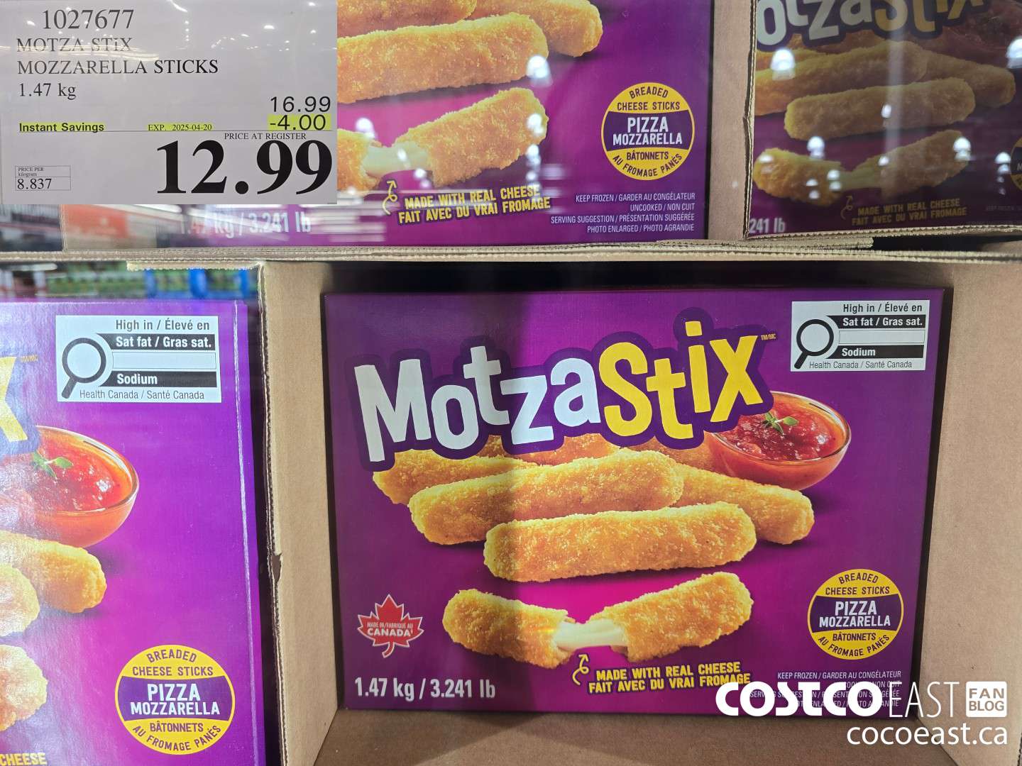 1027677 MOTZA STIX MOZZARELLA STICKS 1.47 KG  ($4.00 INSTANT SAVINGS EXPIRES ON 2025-04-20) $12.99