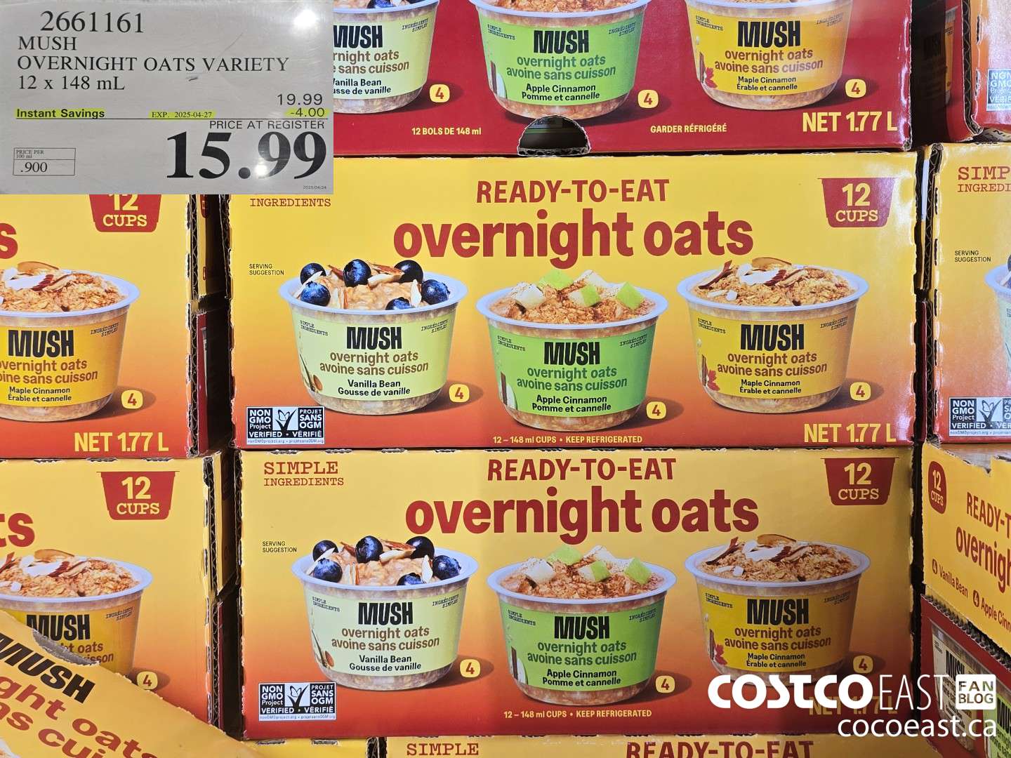 2661161 MUSH OVERNIGHT OATS VARIETY 12 x 148 mL ($4.00 INSTANT SAVINGS EXPIRES ON 2025-04-27) $15.99