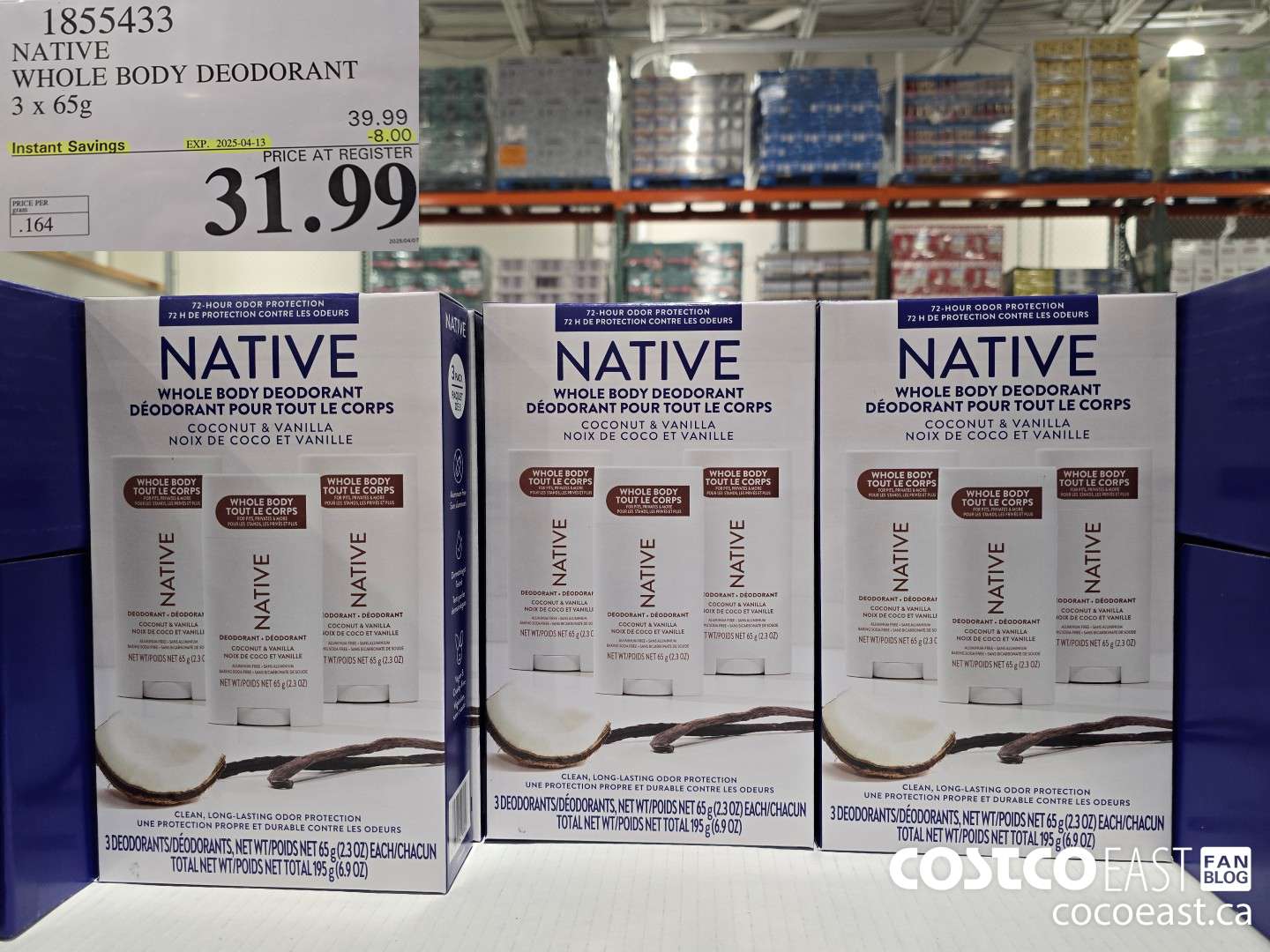 1855433 NATIVE WHOLE BODY DEODORANT 3 X 65 G ($8.00 INSTANT SAVINGS EXPIRES ON 2025-04-13) $31.99