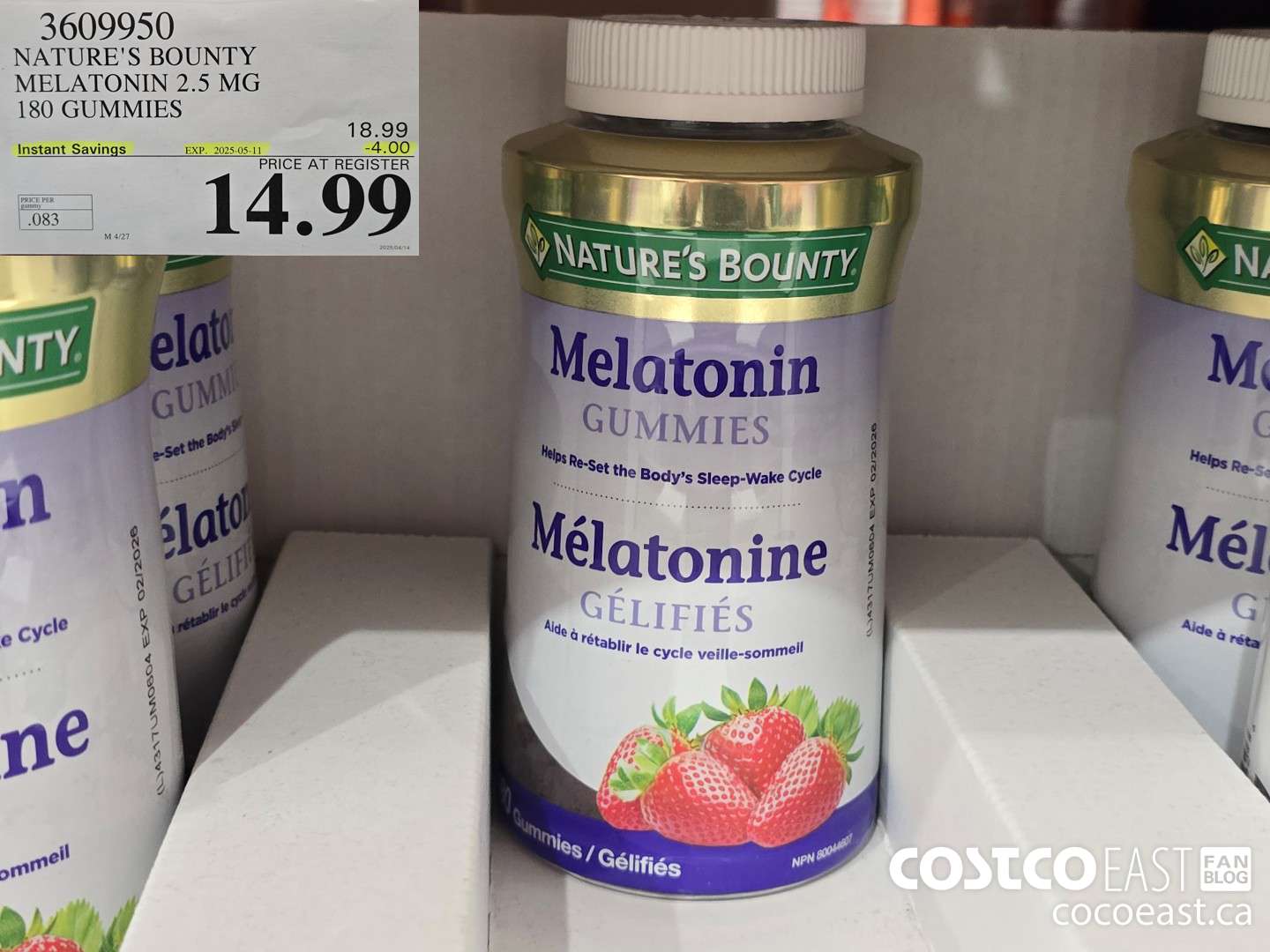 3609950 NATURE'S BOUNTY MELATONIN GUMMIES 180 GUMMIES ($4.00 INSTANT SAVINGS EXPIRES ON 2025-05-11) $14.99