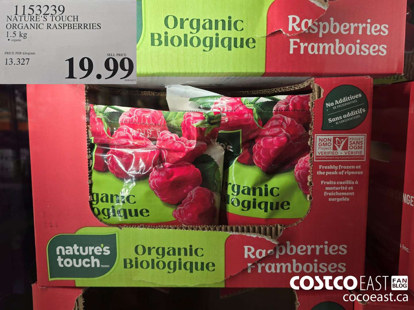 1153239 NATURE'S TOUCH ORGANIC RASPBERRIES 1.5 KG $19.99