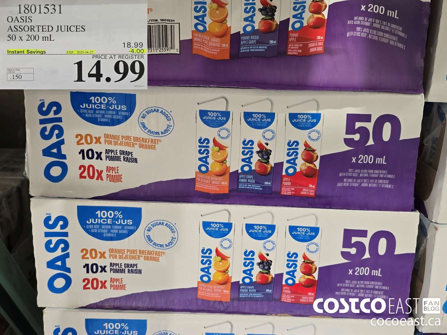 1801531 OASIS ASSORTED JUICES 50 x 200 mL  ($4.00 INSTANT SAVINGS EXPIRES ON 2025-04-27) $14.99