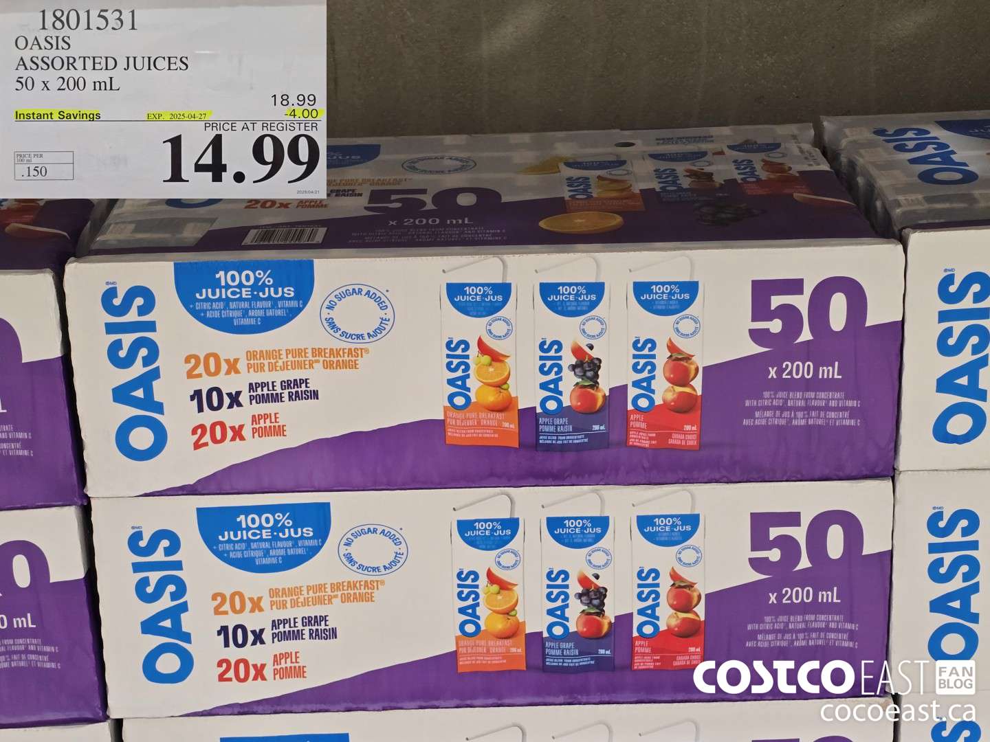 1801531 OASIS ASSORTED JUICES 50 x 200 mL  ($4.00 INSTANT SAVINGS EXPIRES ON 2025-04-27) $14.99
