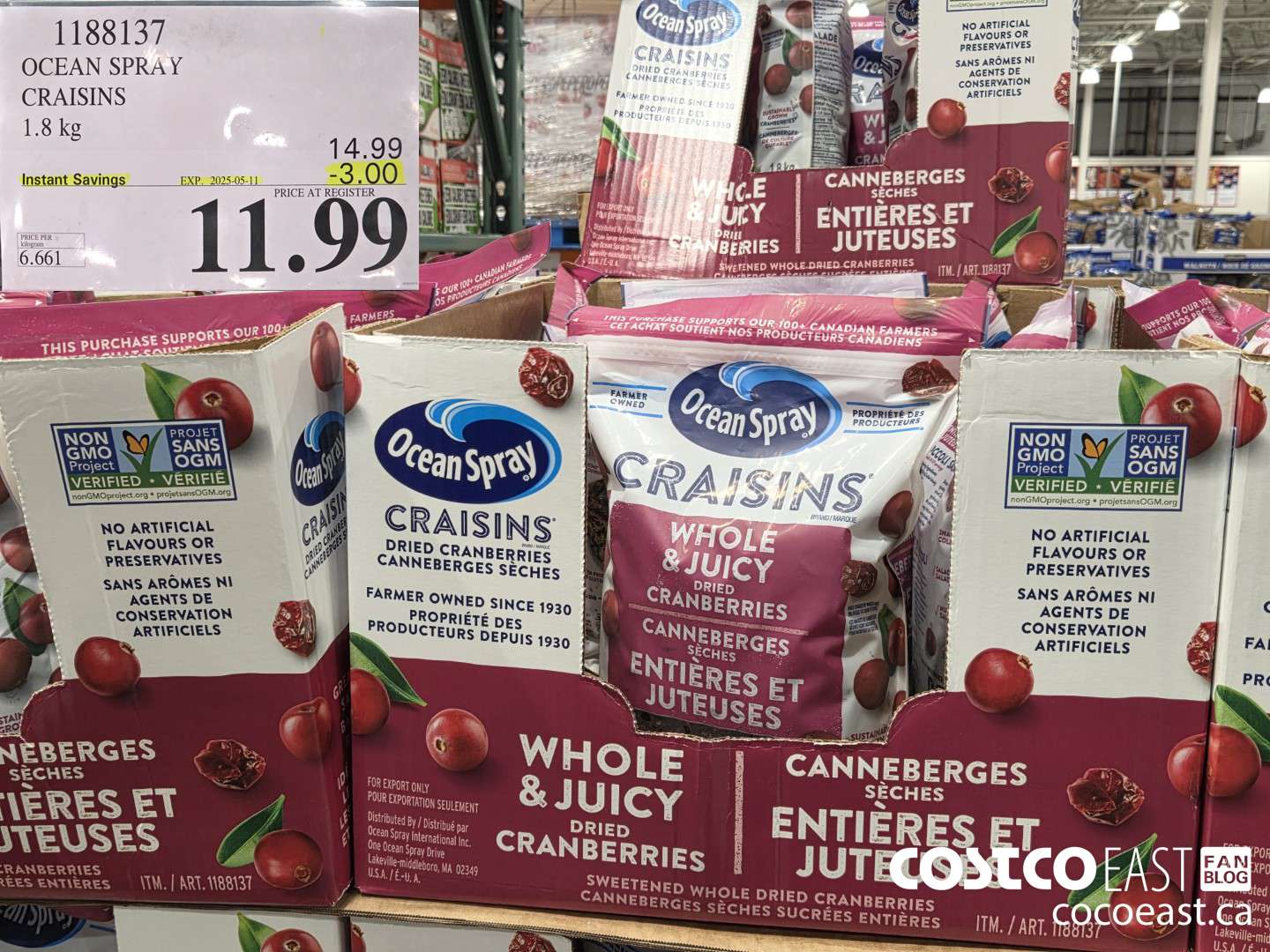 1188137 OCEAN SPRAY CRAISINS 1.8 KG ($3.00 INSTANT SAVINGS EXPIRES ON 2025-05-11) $11.99