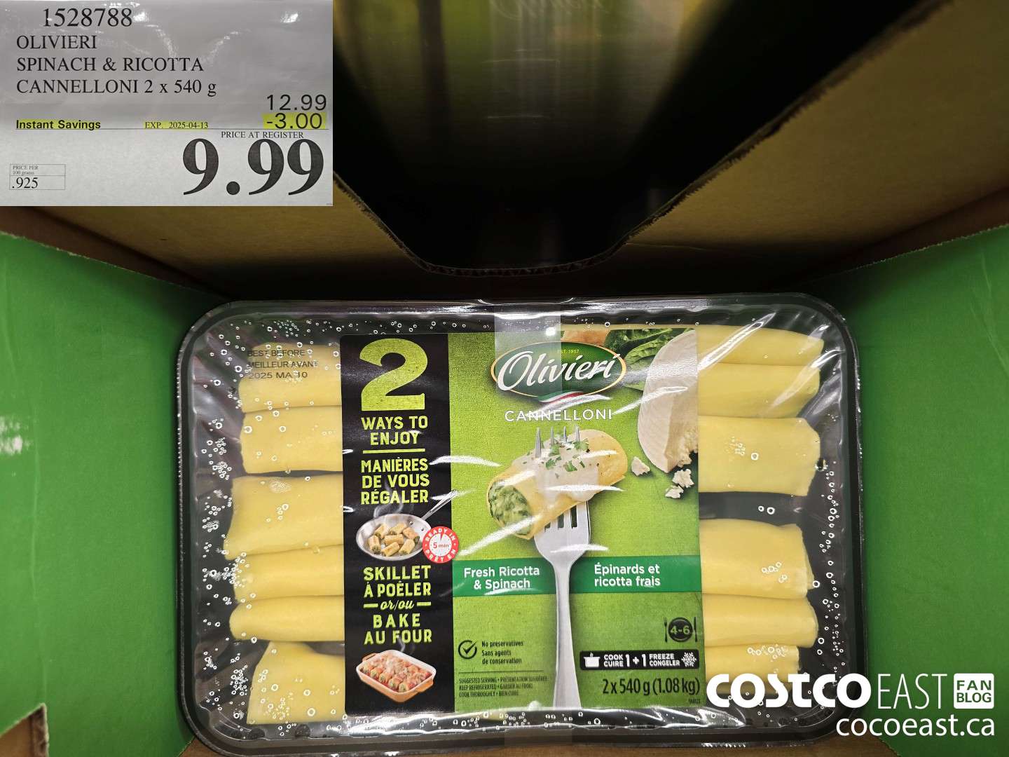 1528788 OLIVIERY SPINACH & RICOTTA CANNELLONI 2 X 540 G ($3.00 INSTANT SAVINGS EXPIRES ON 2025-04-13) $9.99