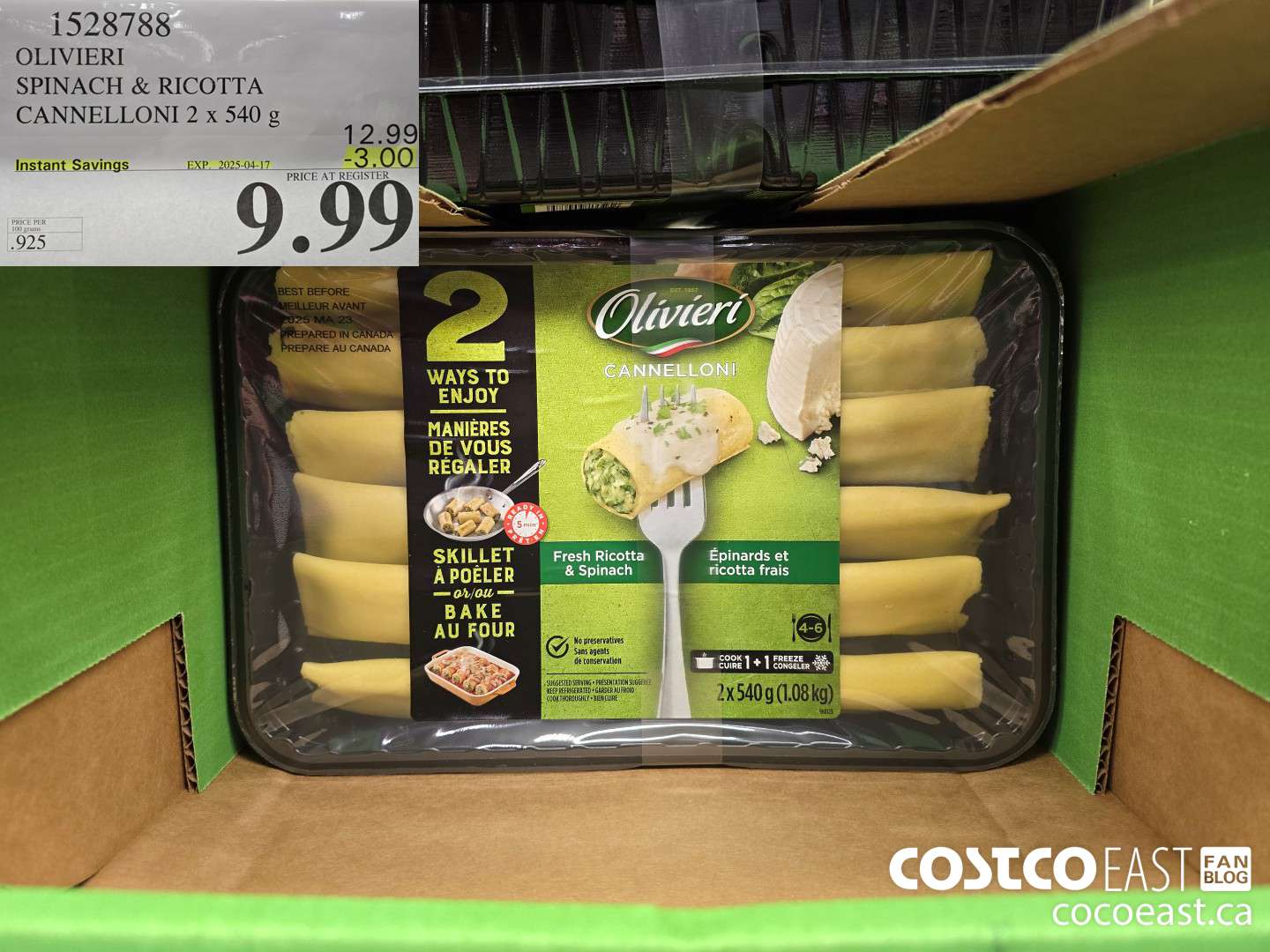 1528788 OLIVIERY SPINACH & RICOTTA CANNELLONI 2 X 540 G ($3.00 INSTANT SAVINGS EXPIRES ON 2025-04-17) $9.99