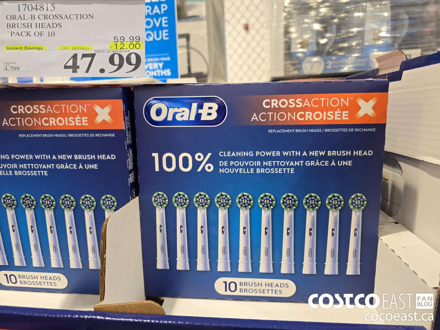 1704815 ORAL-B CROSSACTION BRUSH HEADS PACK OF 10 ($12.00 INSTANT SAVINGS EXPIRES ON 2025-04-13) $47.99