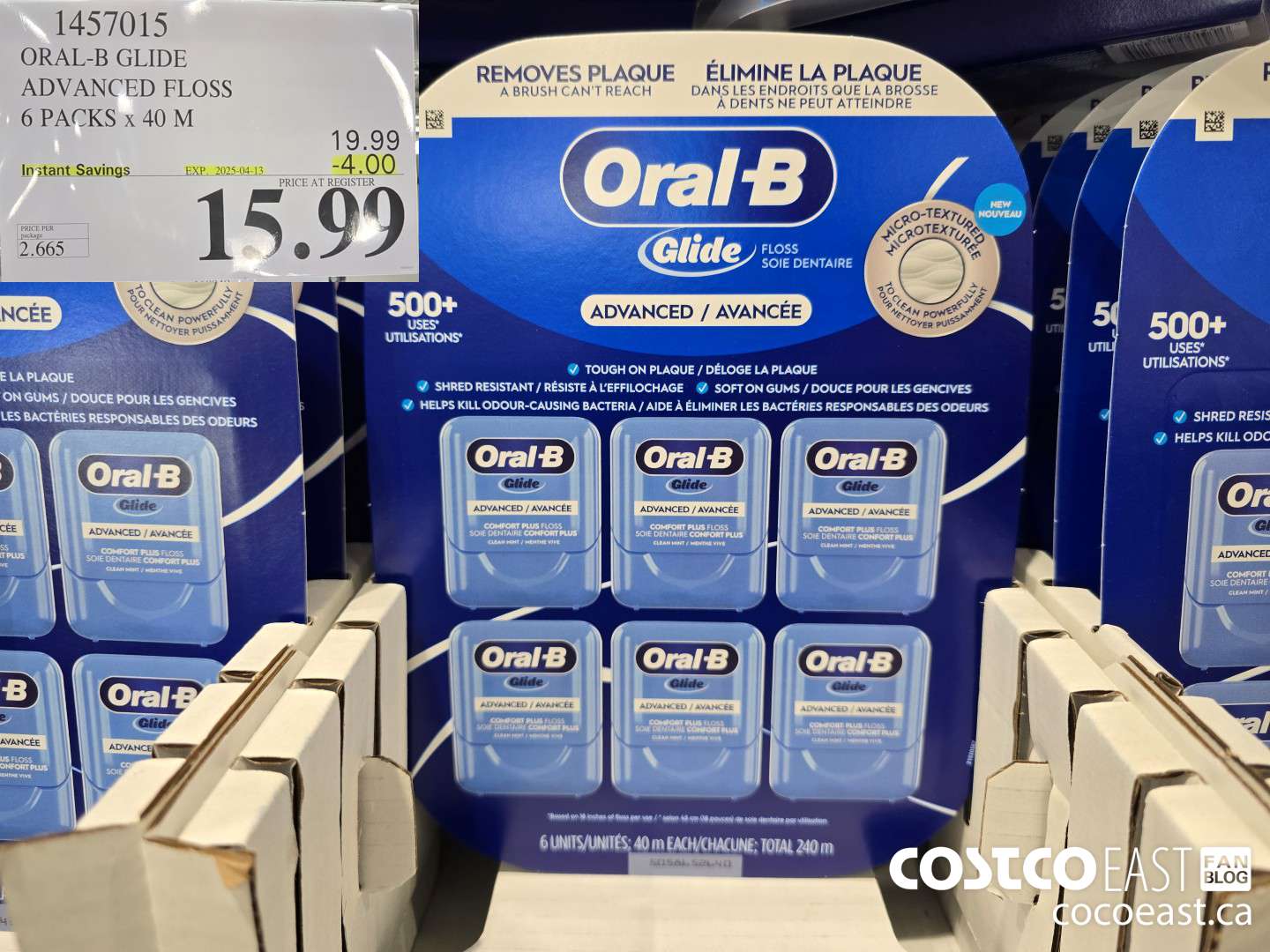 1457015 ORAL-B GLIDE ADVANCED FLOSS 6 PACKS X 40 M ($4.00 INSTANT SAVINGS EXPIRES ON 2025-04-13) $15.99