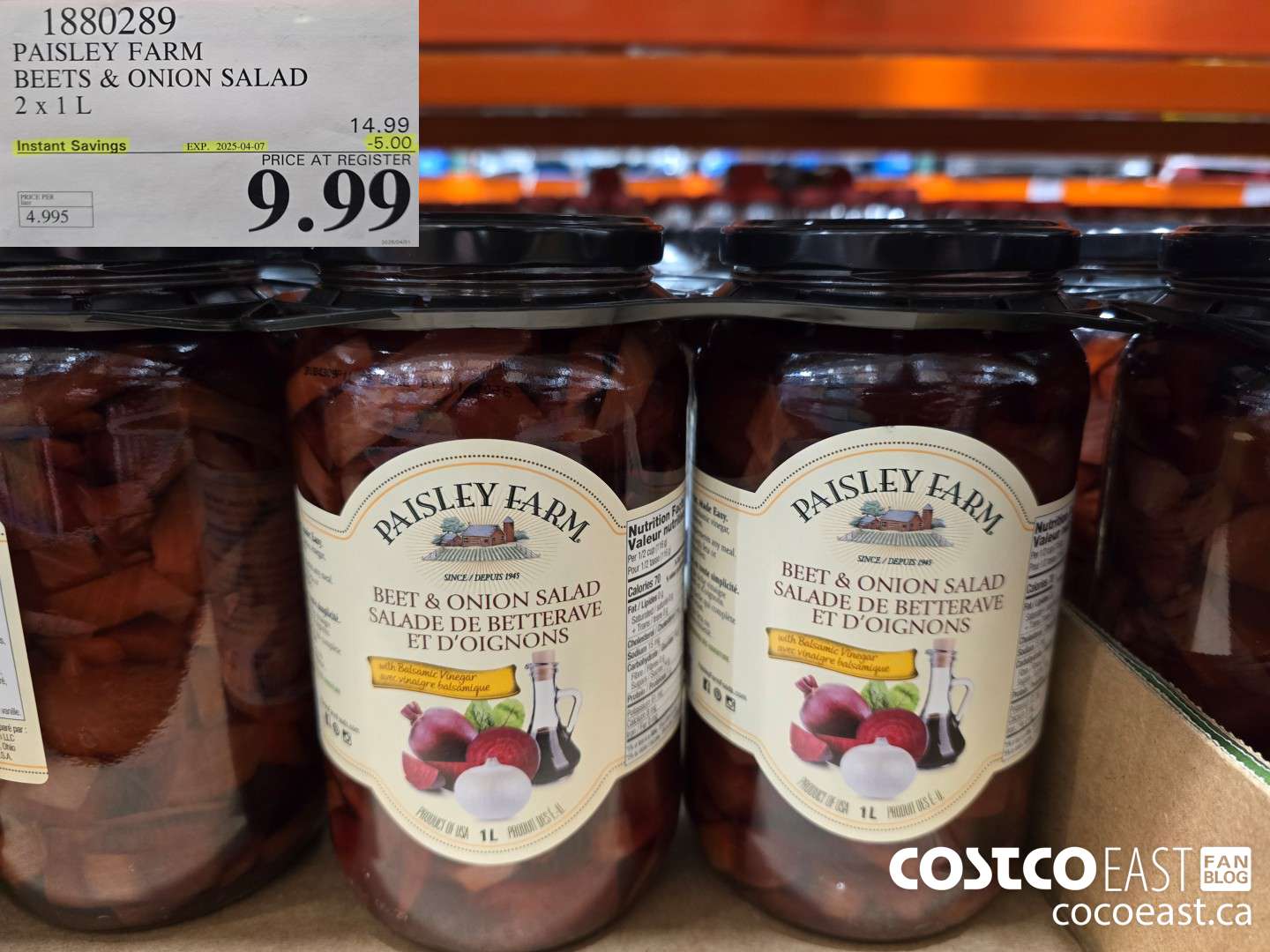 1880289 PAISLEY FARM BEETS & ONION SALAD 2 X 1L ($5.00 INSTANT SAVINGS EXPIRES ON 2025-04-07) $9.99
